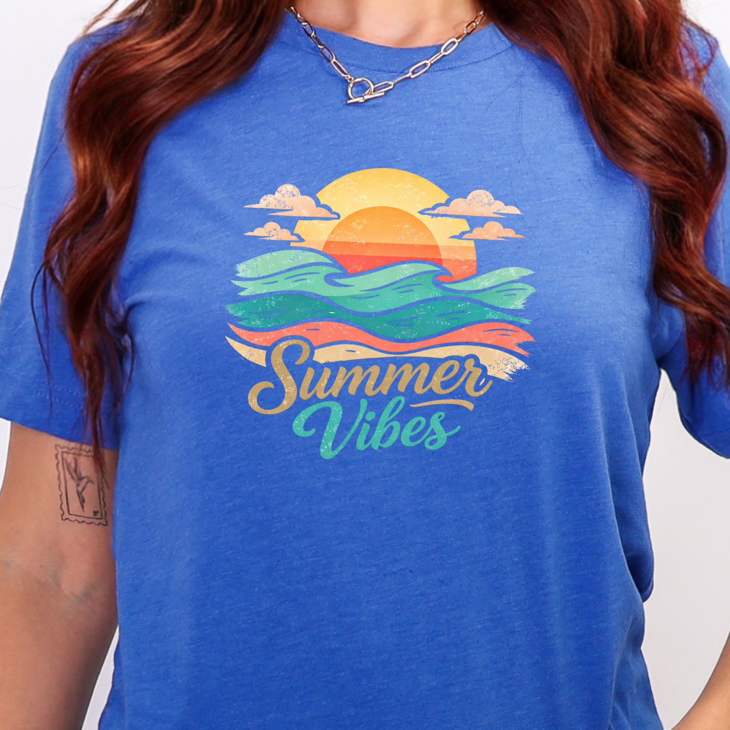 Wholesale Summer Vibes Sunset Graphic Tee - Heather True Royal