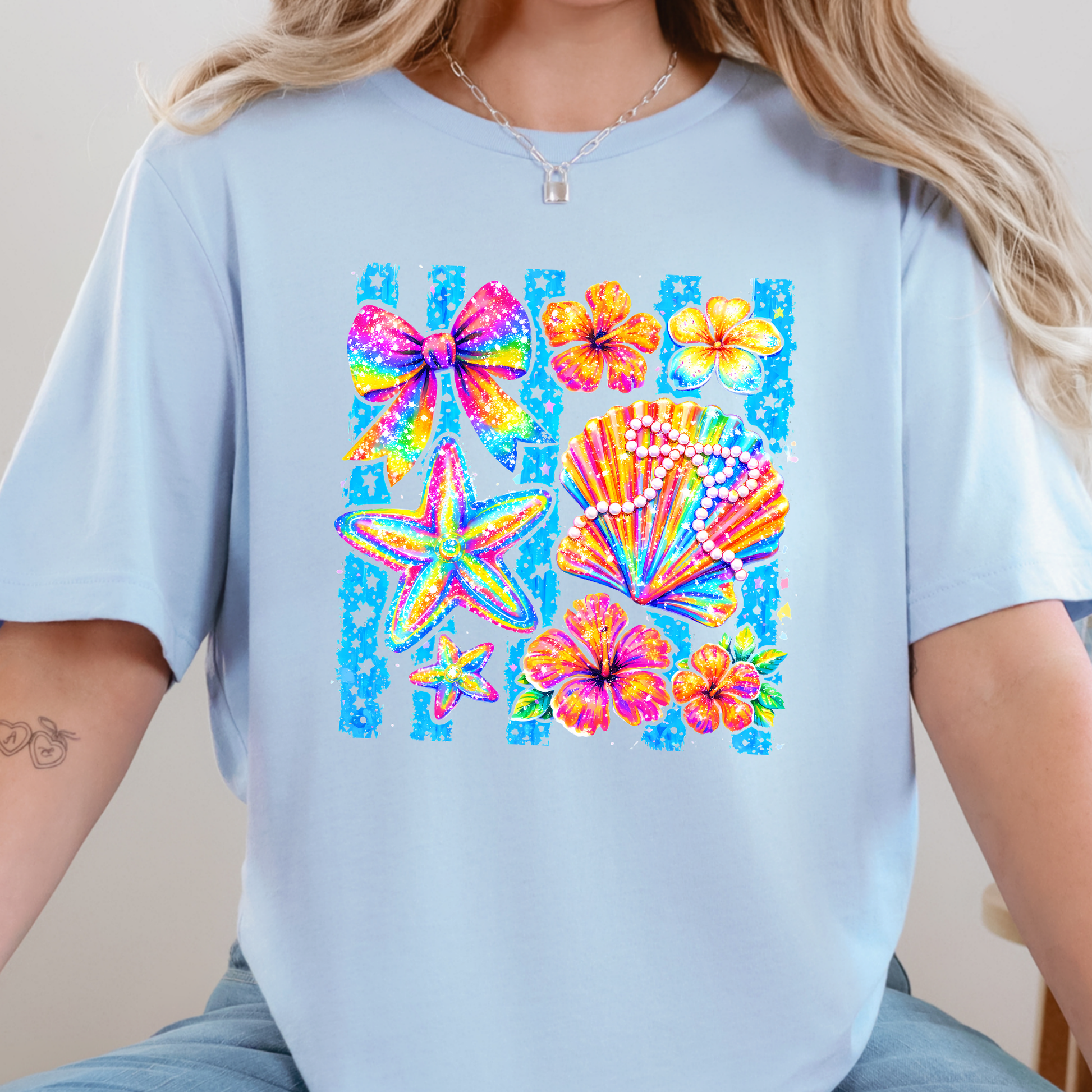 Wholesale Coastal Preppy Shells Graphic Tee - Baby Blue
