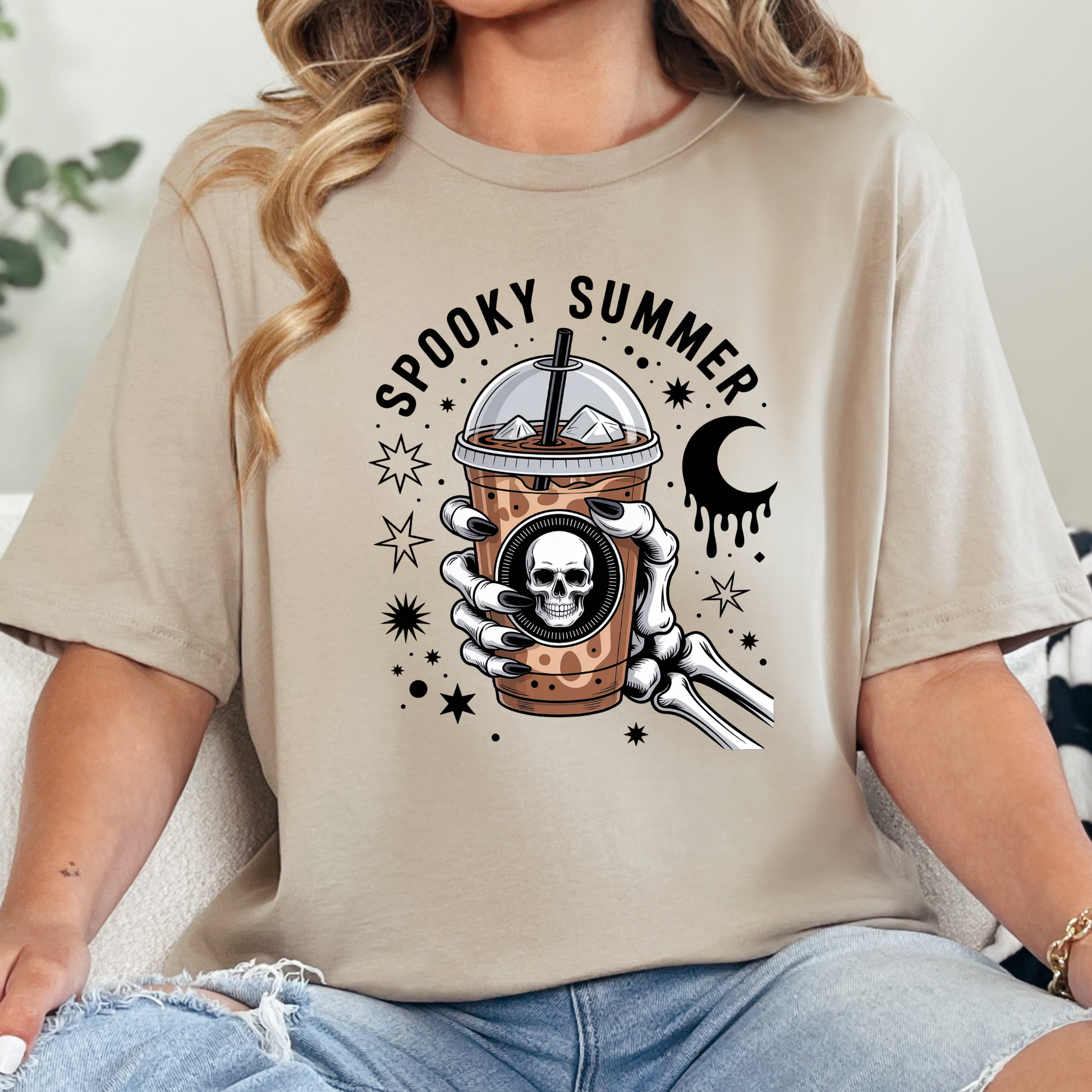Wholesale Spooky Summer Iced Coffee Graphic Tee - Tan