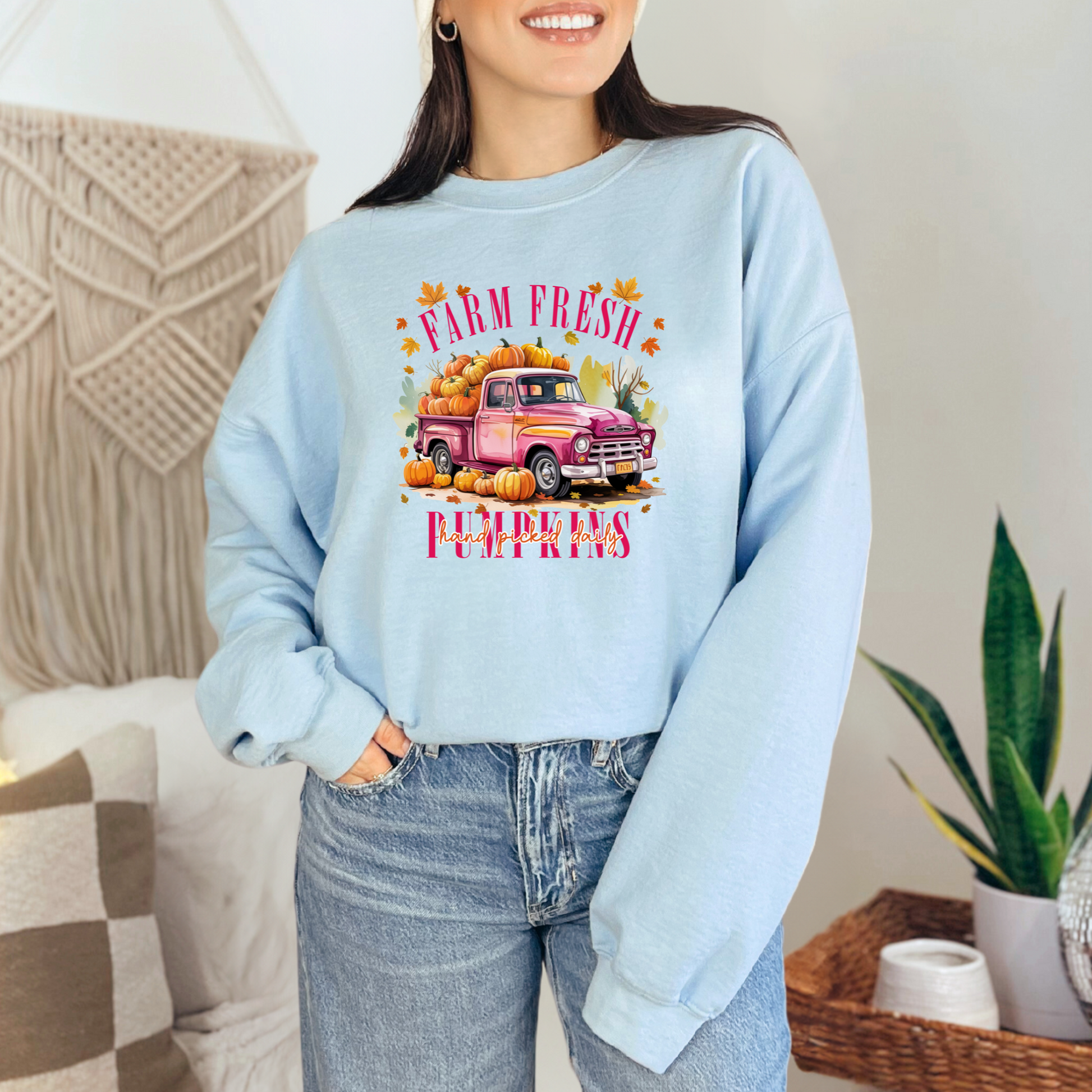 Wholesale Farm Fresh Pumpkins - Pink Sweatshirt - Light Blue Sweatshirt