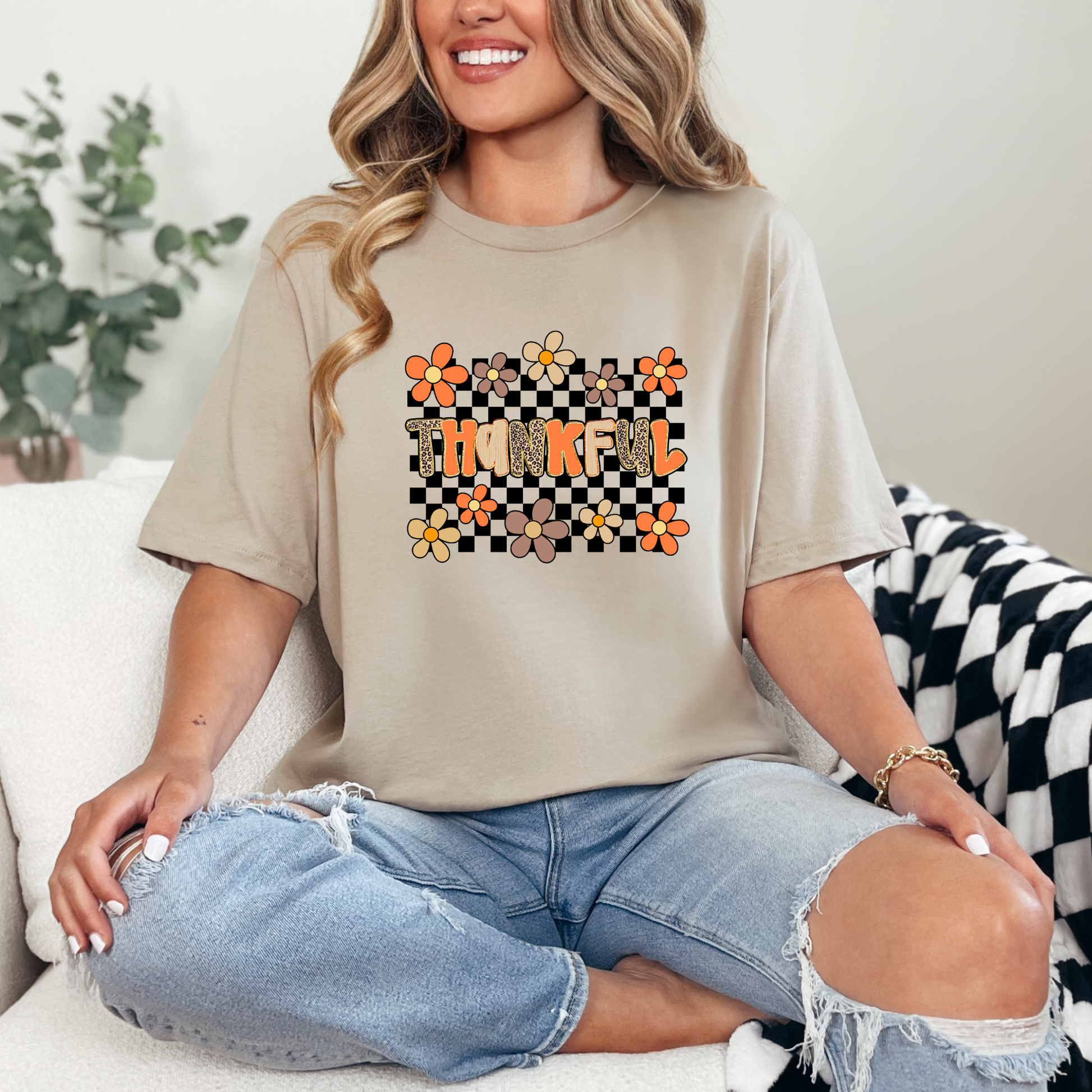 Wholesale Thankful Checkerboard Graphic Tee - Tan Tee