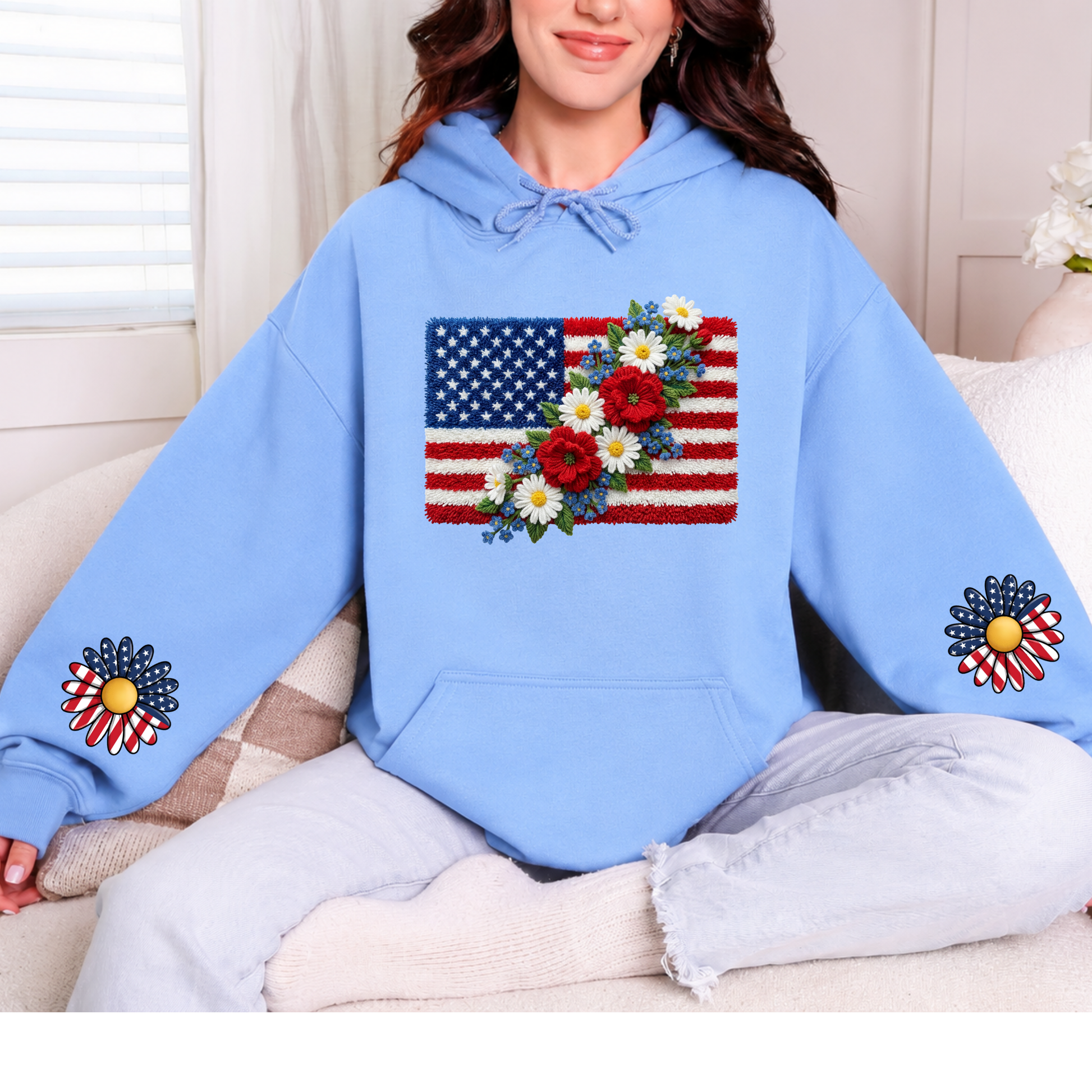 Wholesale Floral Flag with Sleeves Graphic Hoodie - Carolina Blue Hoodie