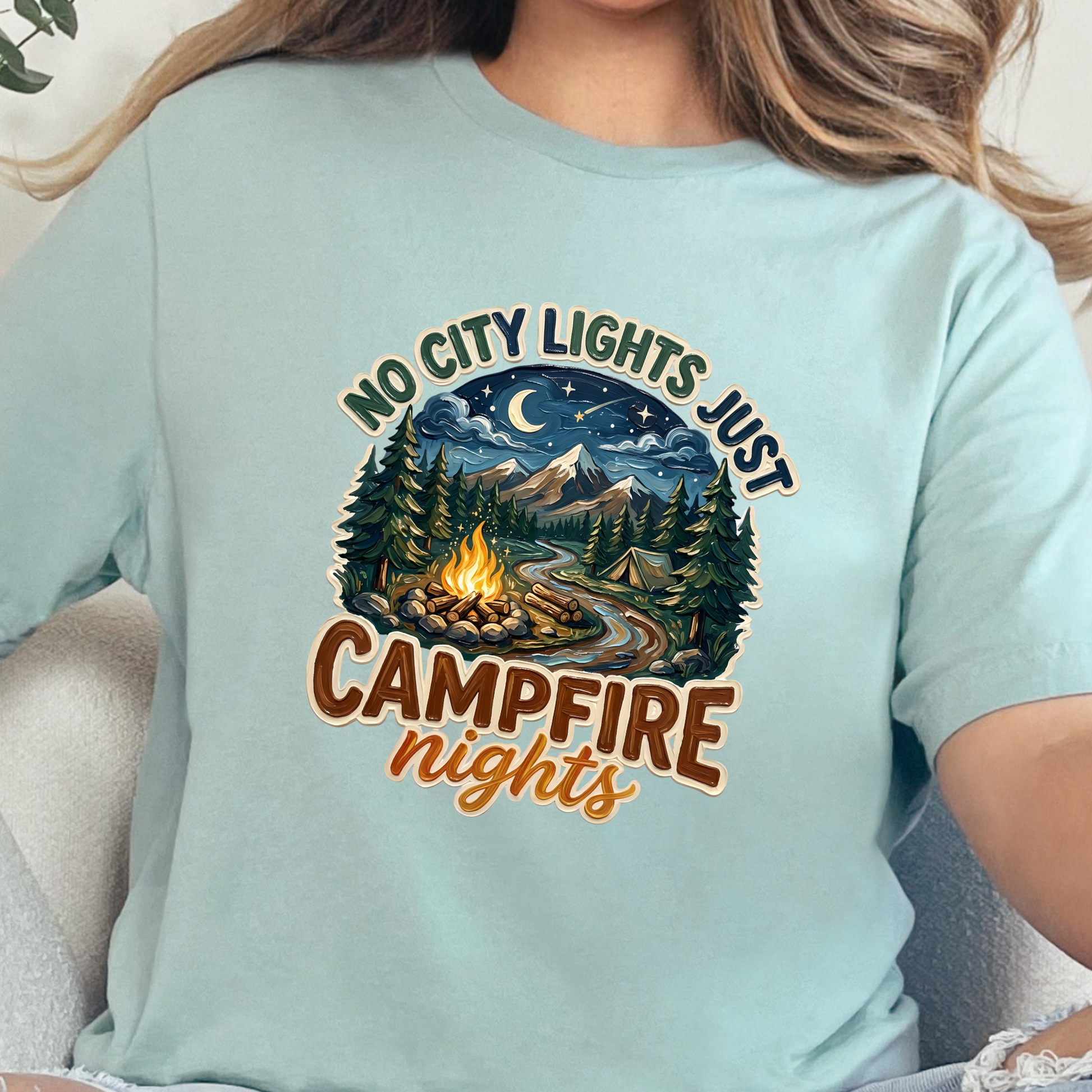 Wholesale No City Lights Campfire Nights Graphic Tee - Dusty Blue Tee