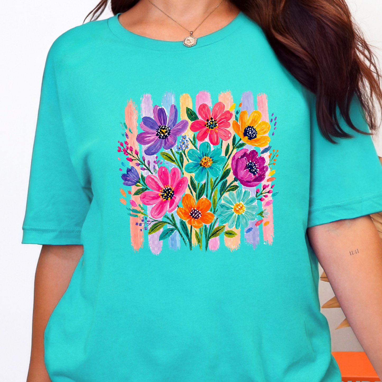 Wholesale Boho Floral Brushstroke Graphic Tee - Heather Sea Green