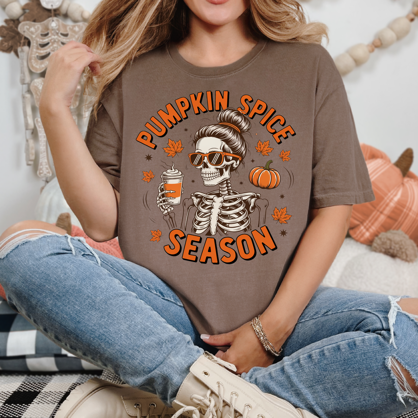 Wholesale Pumpkin Spice Skeleton Graphic Tee - CC Espresso Tee
