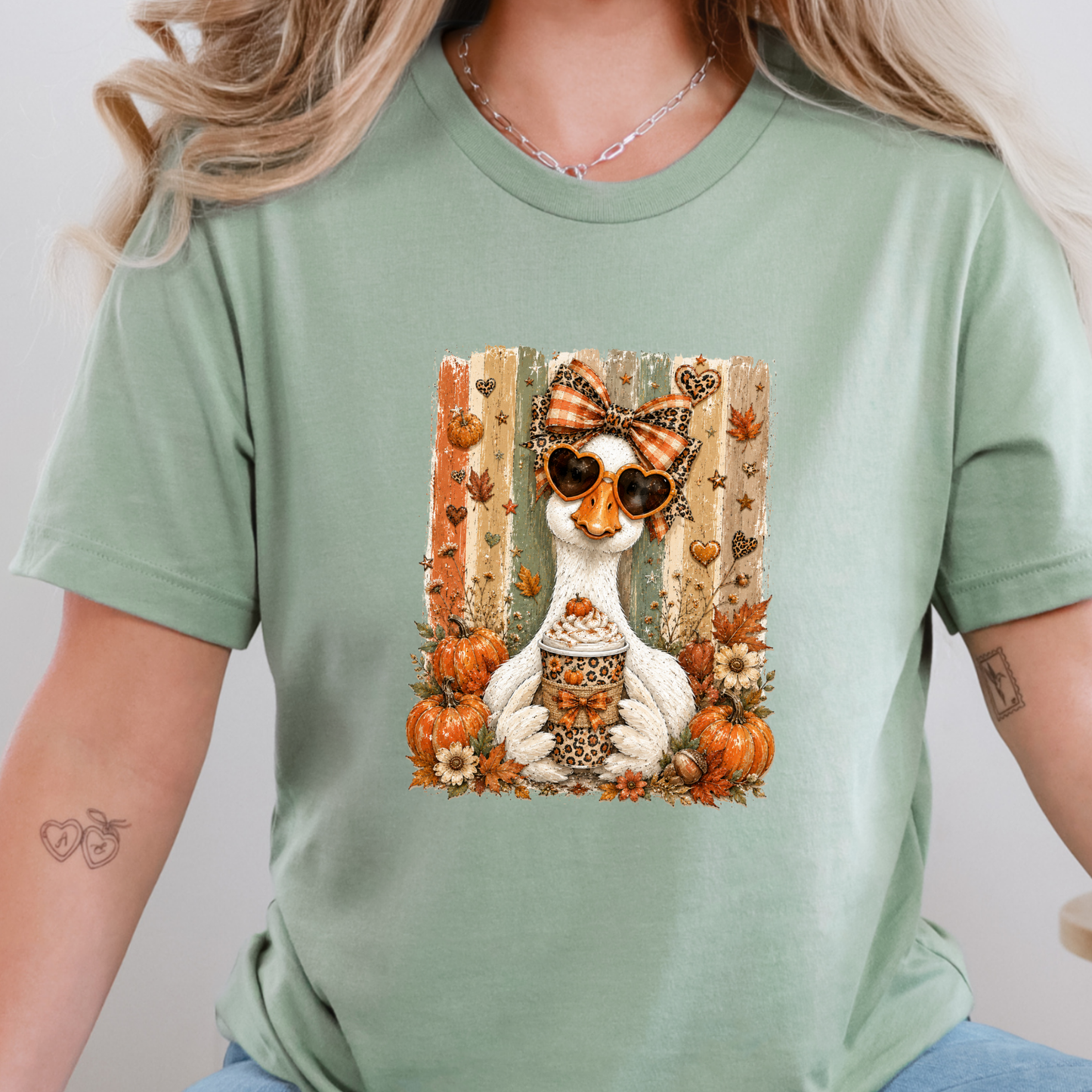 Wholesale Preppy Fall Goose Graphic Tee - Sage
