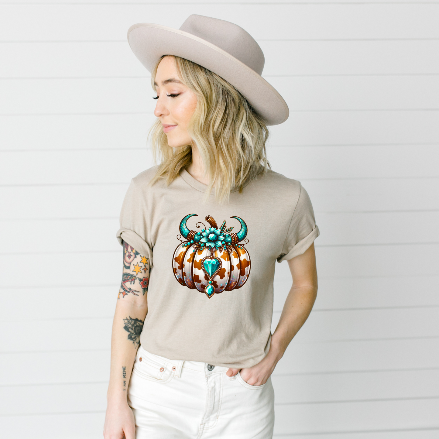 Wholesale Turquoise Pumpkin Bling Graphic Tee - Heather Dust Tee