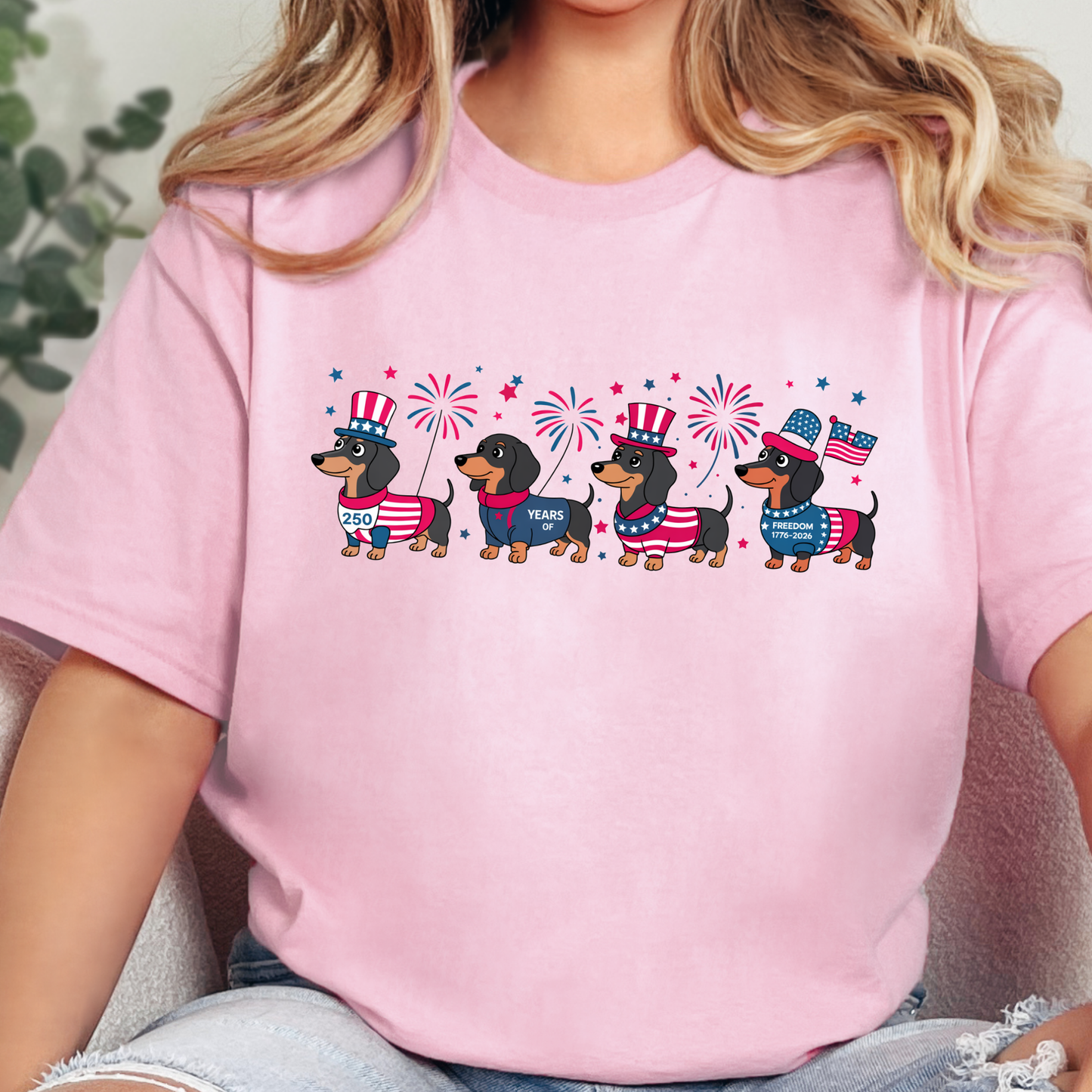 Wholesale Patriotic Dachshund Graphic Tee - Pink