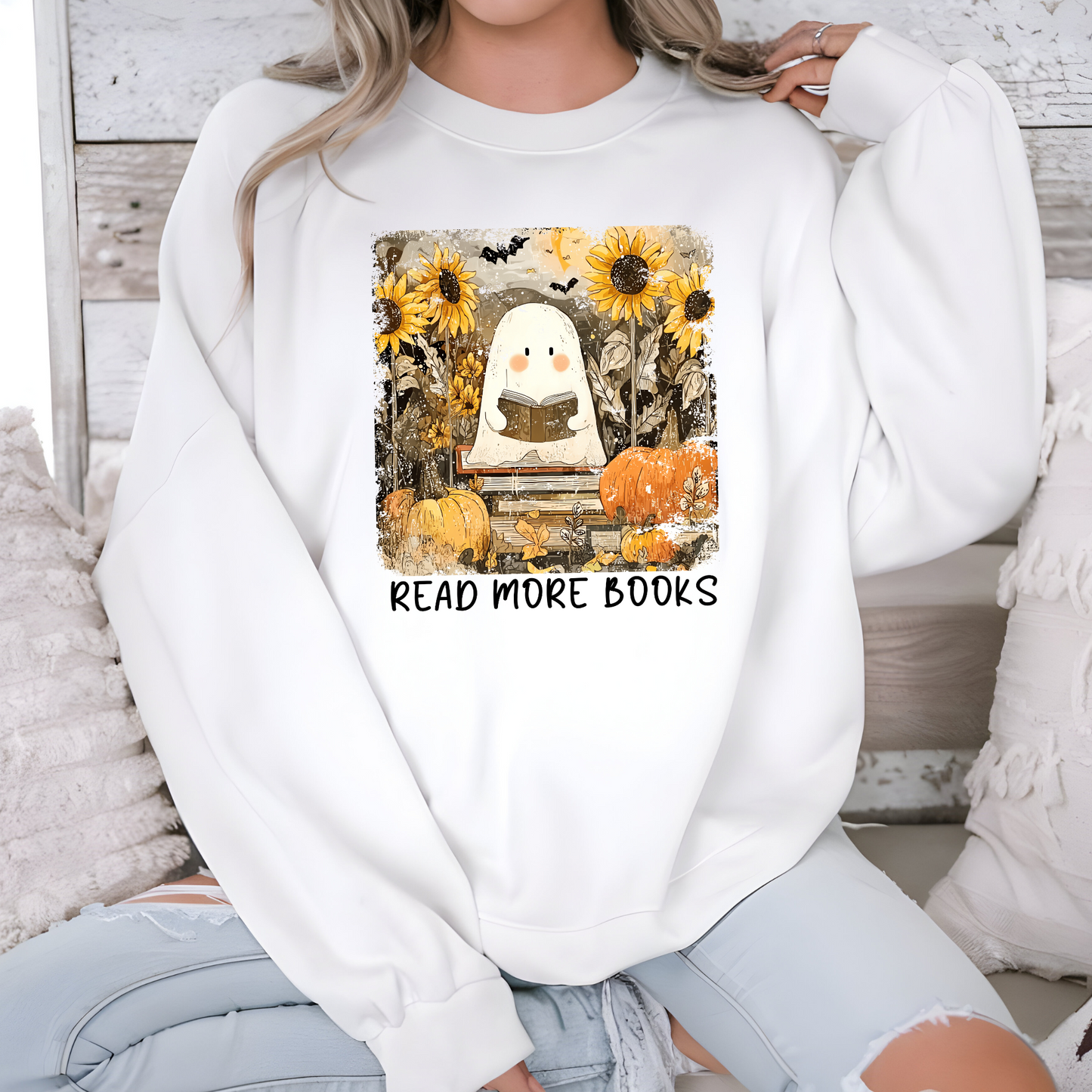 Wholesale Reading Ghost Sunflowers Graphic Tee or Sweatshirt - White Sweatshirt