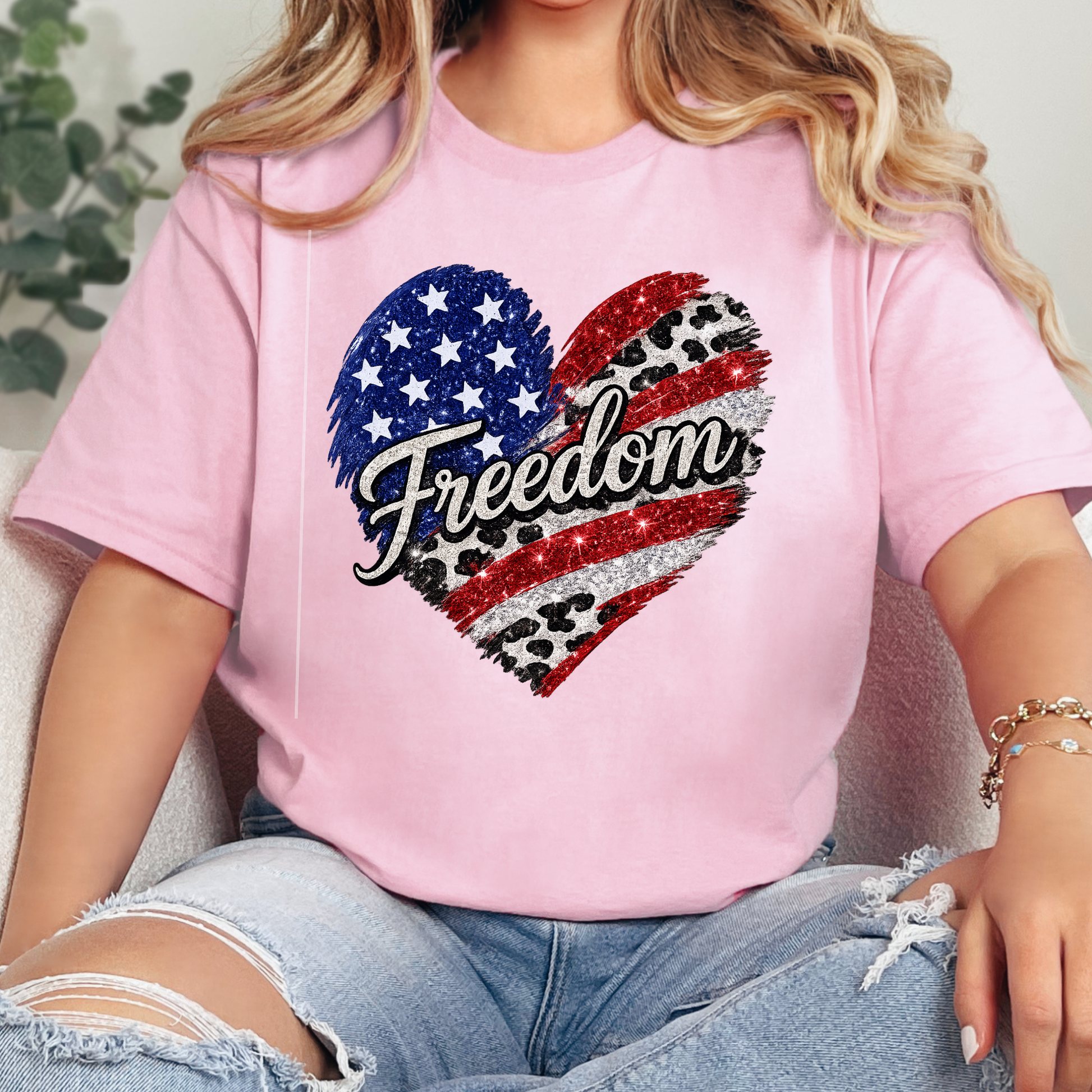 Wholesale Freedom Flag Cow Print Graphic Tee - Pink