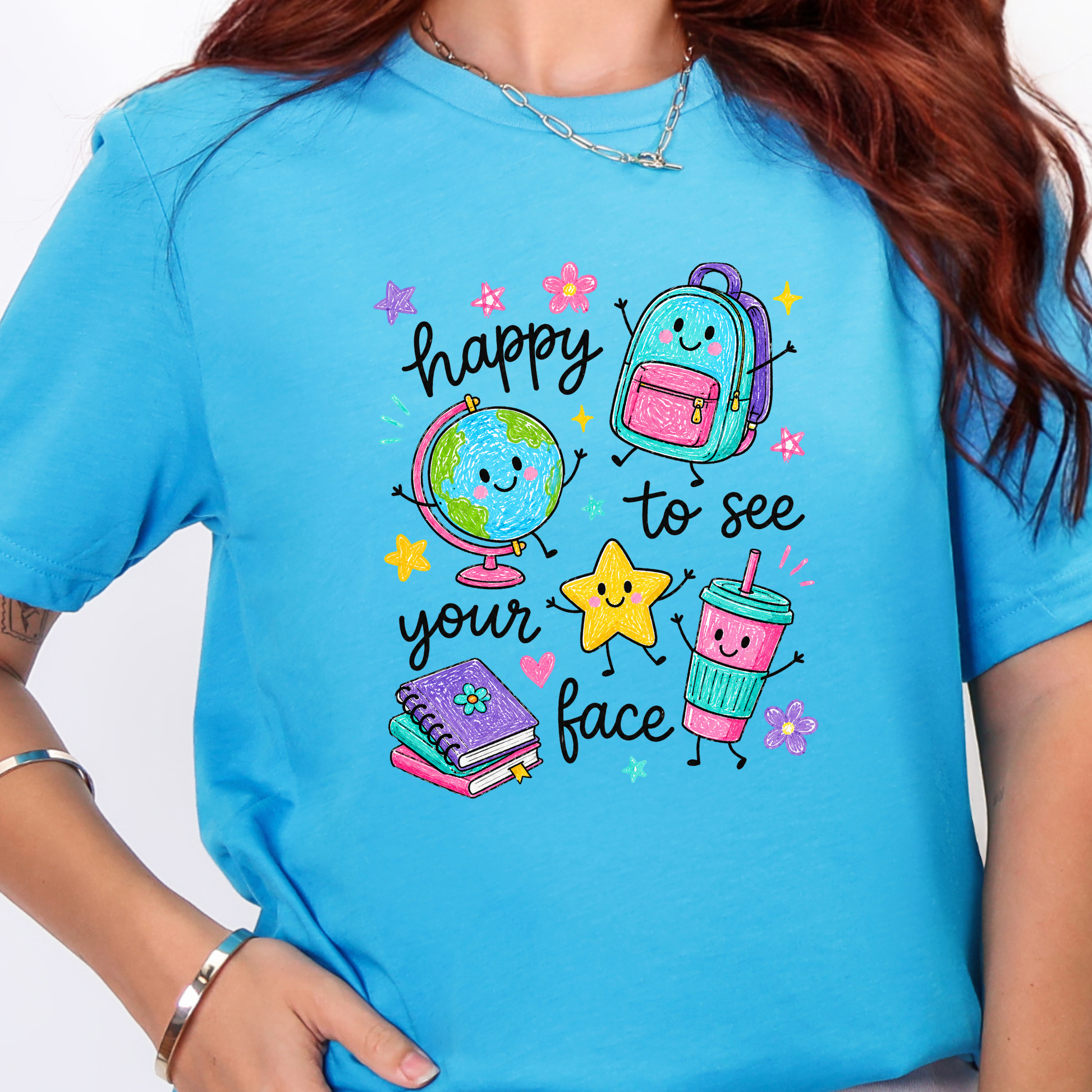Wholesale Teacher Happy to See Your Face Graphic Tee - Heather Aqua