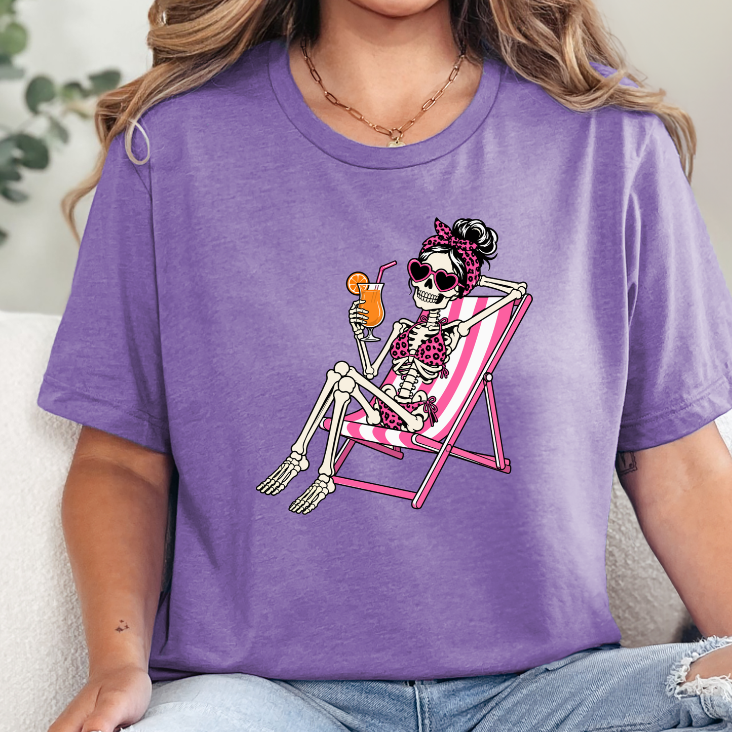 Wholesale Skeleton in Lawn Chair Graphic Tee - Heather Team Purple