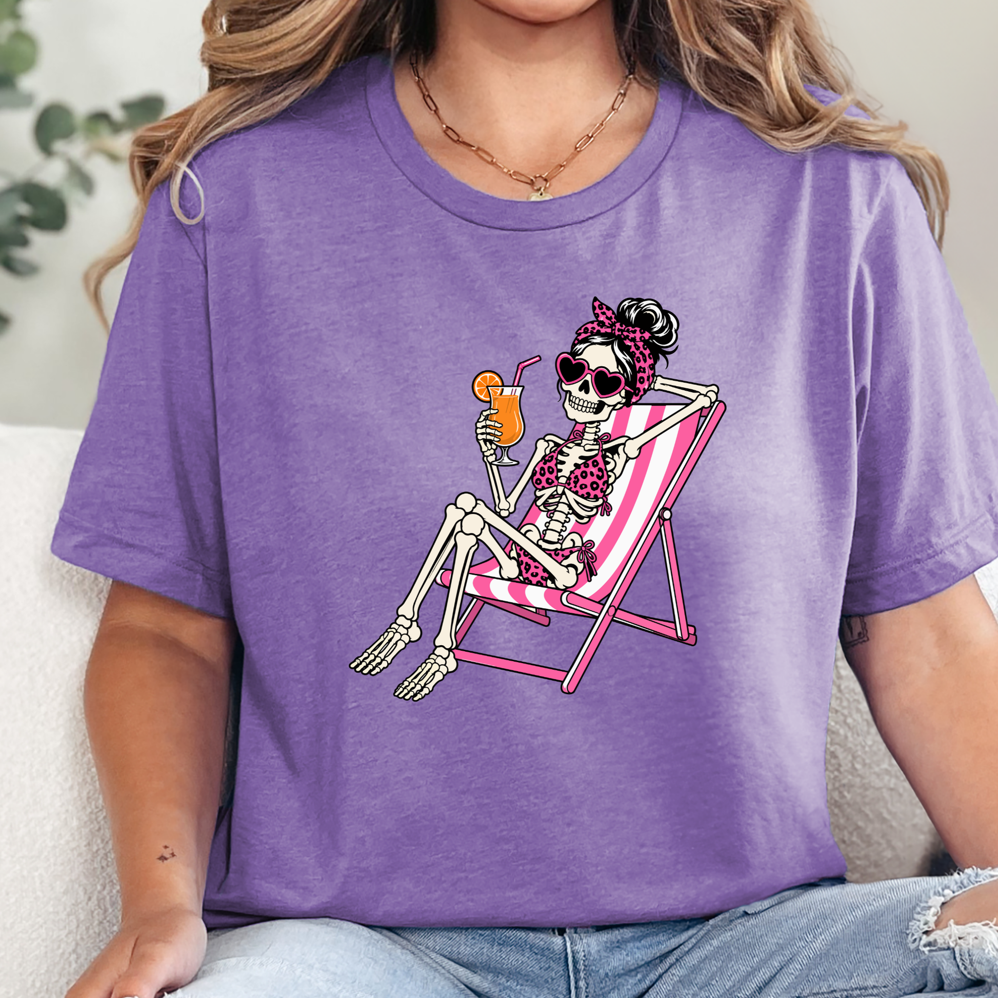 Wholesale Skeleton in Lawn Chair Graphic Tee - Heather Team Purple