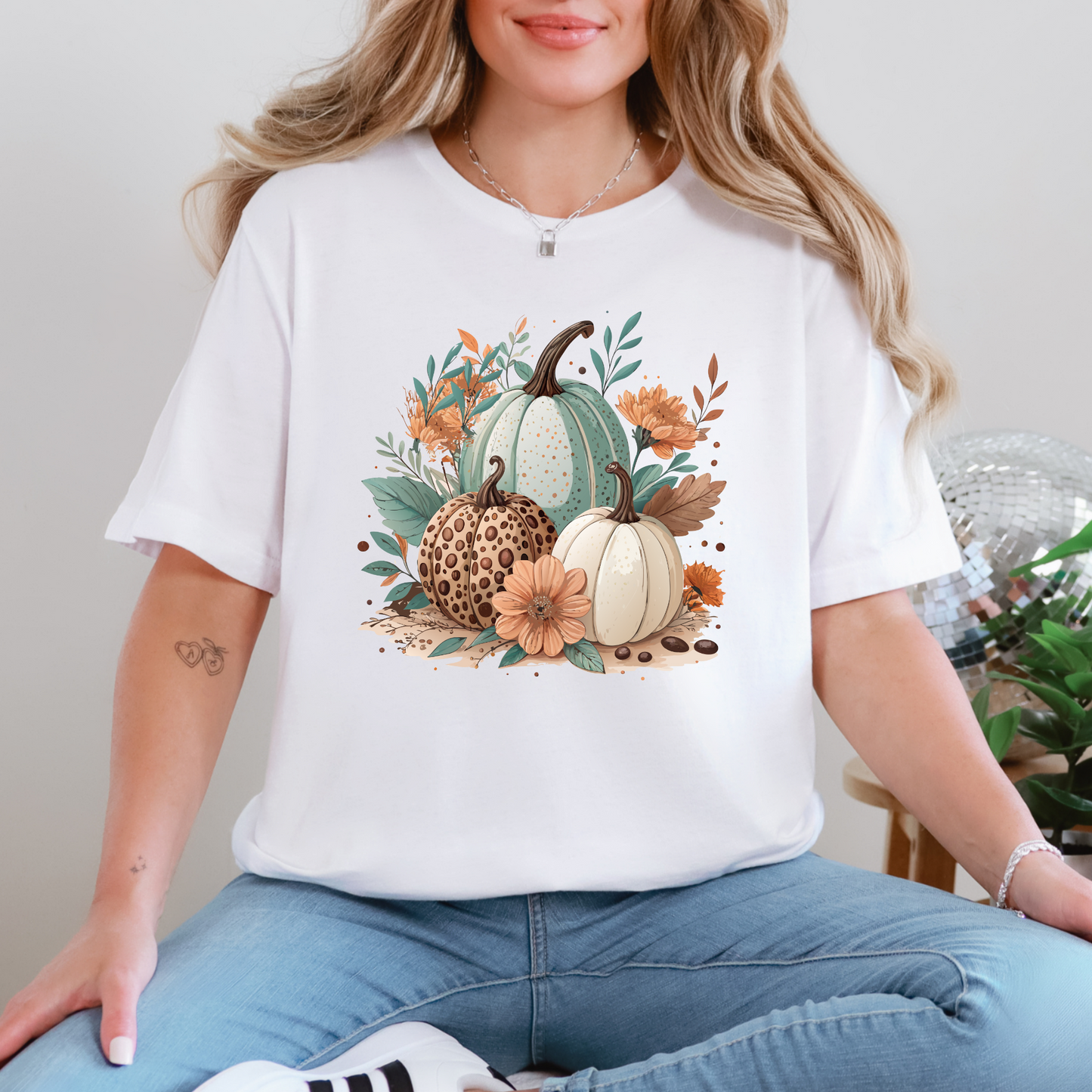 Wholesale Boho Pumpkins Floral Graphic Tee - White Tee