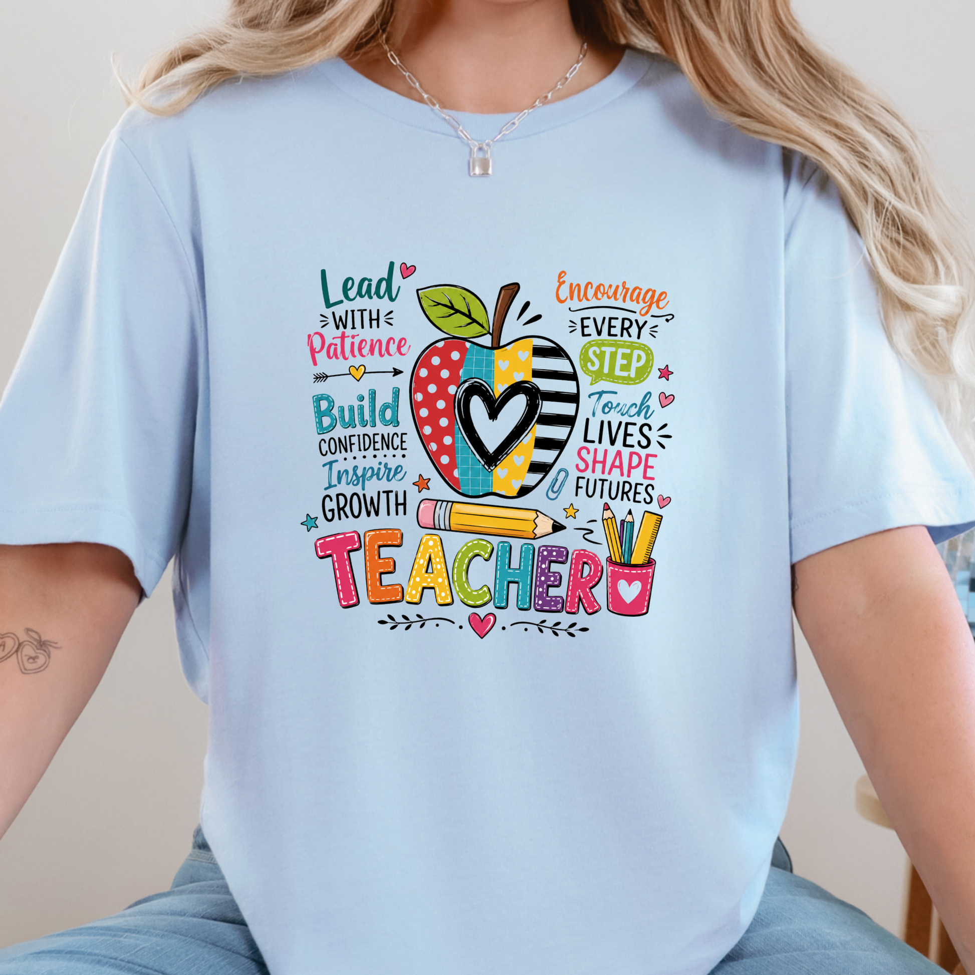 Wholesale Teacher Lead With Patience Graphic Tee - Baby Blue