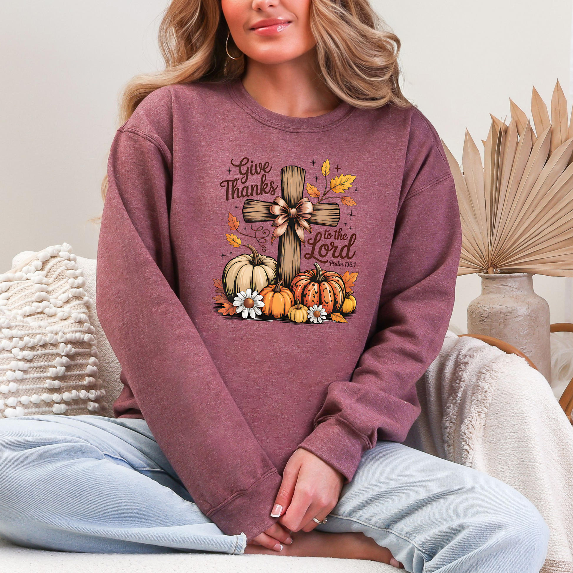 Wholesale Cross Give Thanks To The Lord Sweatshirt - Heather Dark Maroon Sweatshirt