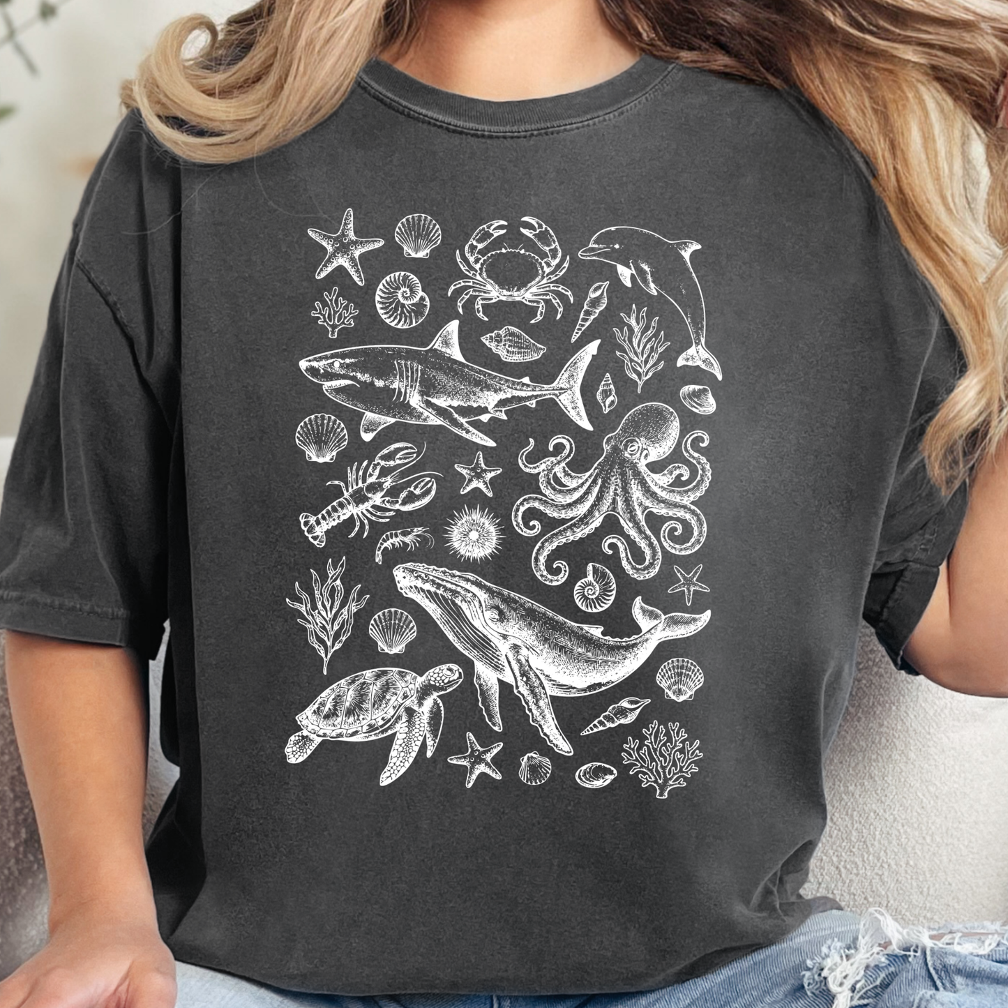 Wholesale Summer Coastal Ocean Life Graphic Tee - Pepper
