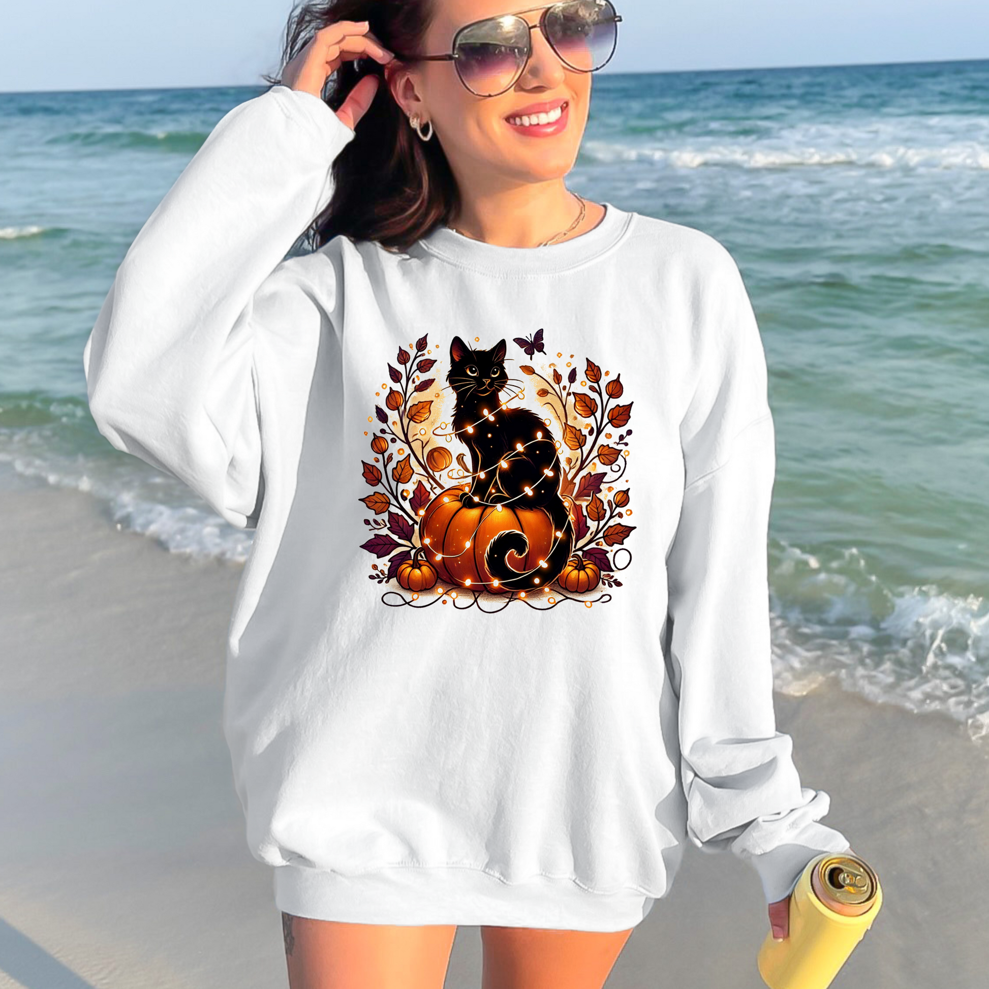 Wholesale Cat with Pumpkin Sweatshirt - White Sweatshirt