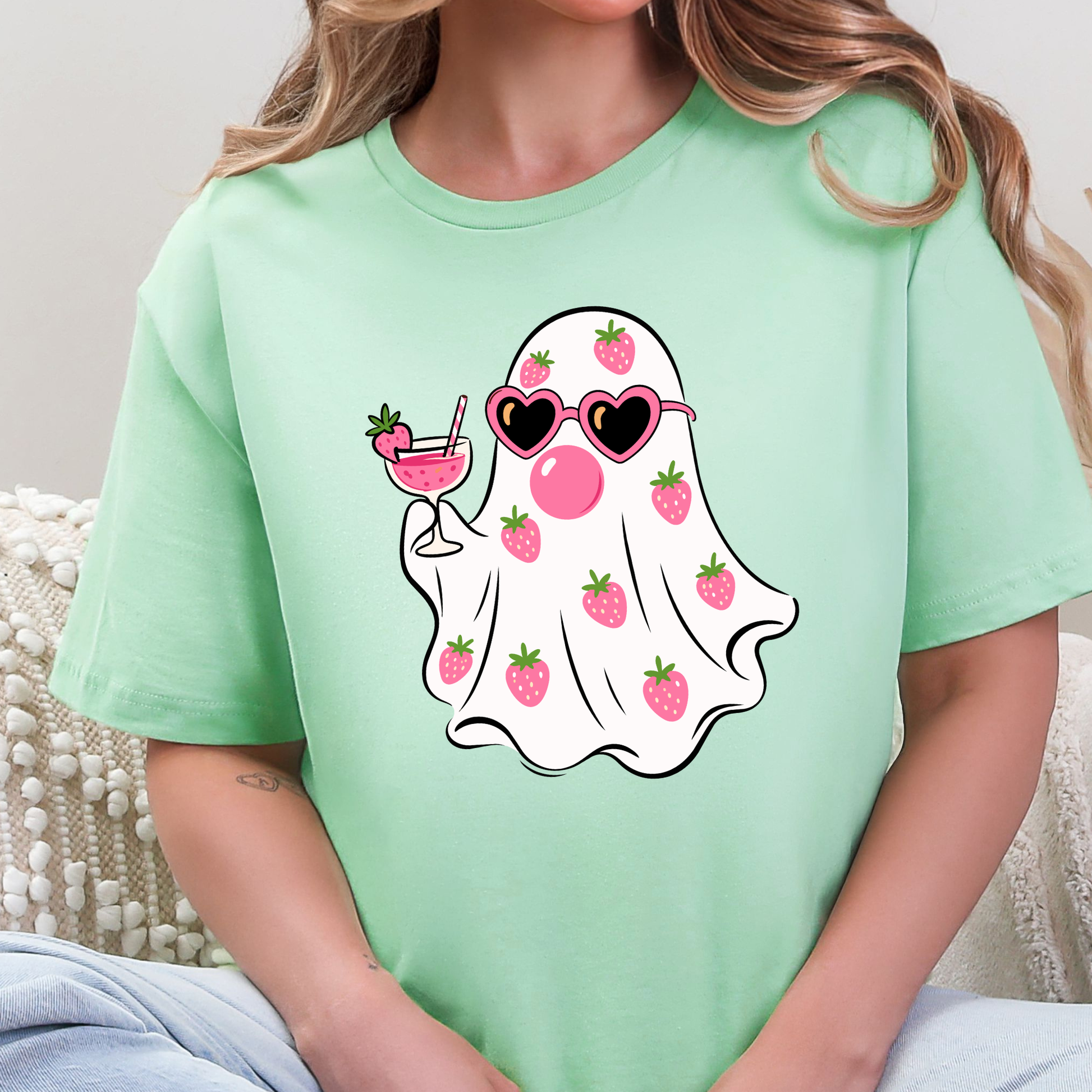 Wholesale Strawberry Ghost Graphic Tee - Mint