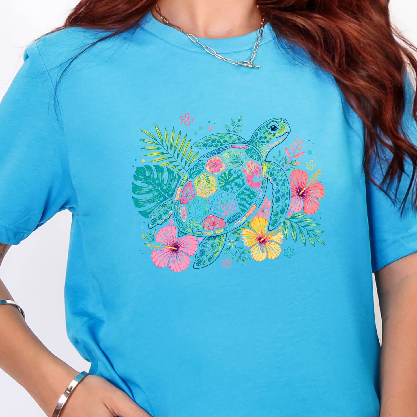 Wholesale Floral Sea Turtle Graphic Tee - Heather Aqua Tee