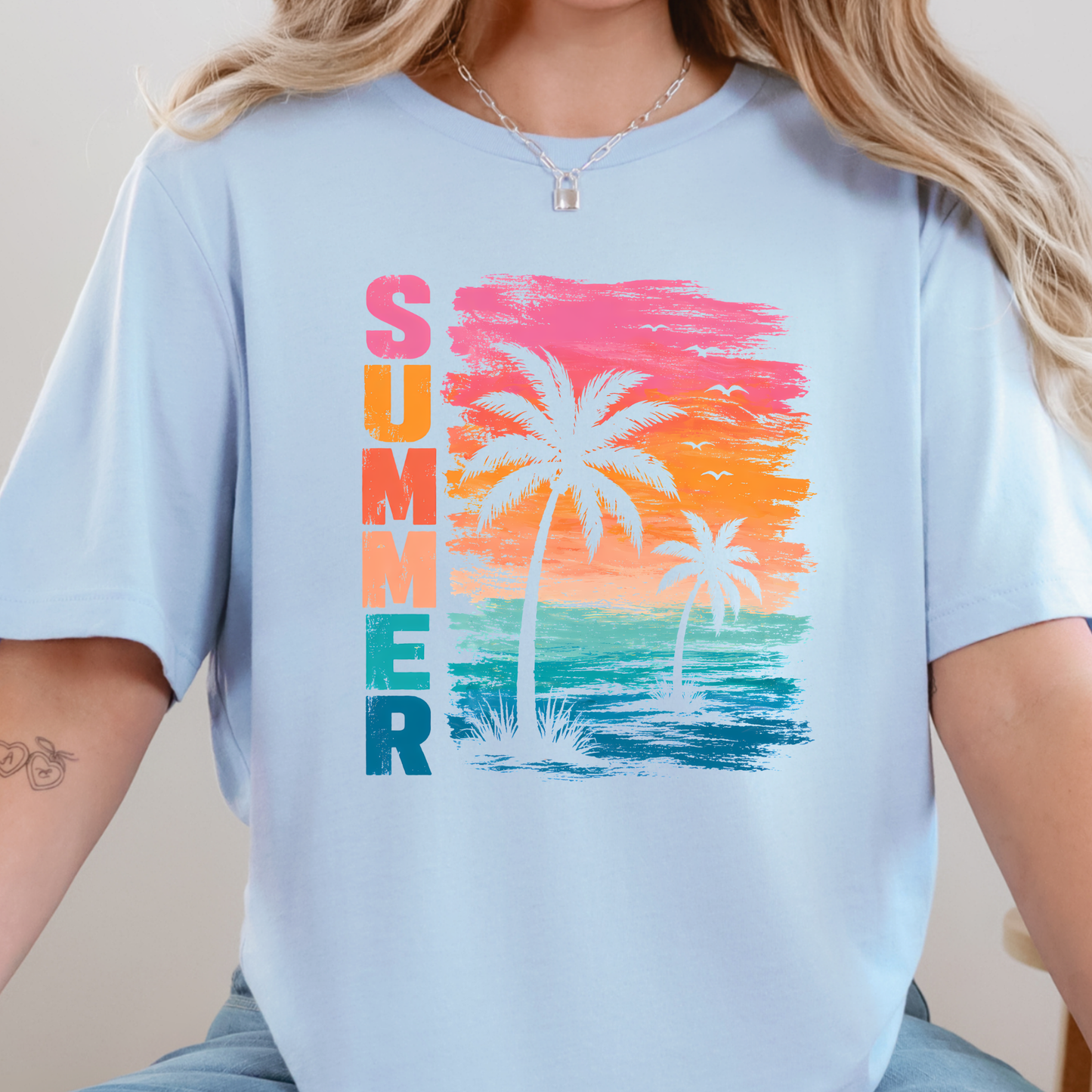 Wholesale Summer Beach Sunset Graphic Tee - Baby Blue