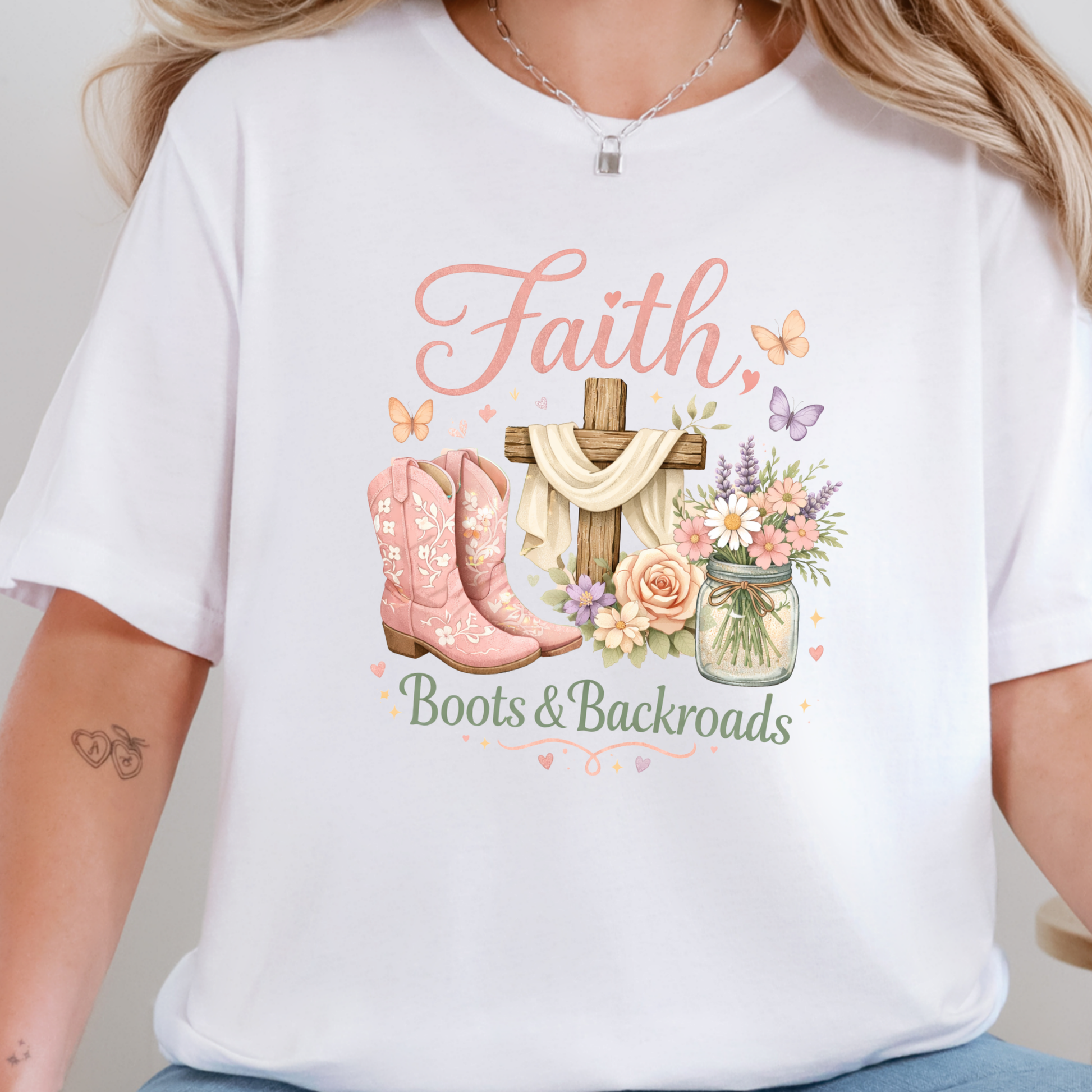 Wholesale Faith, Boots & Backroads Graphic Tee - White
