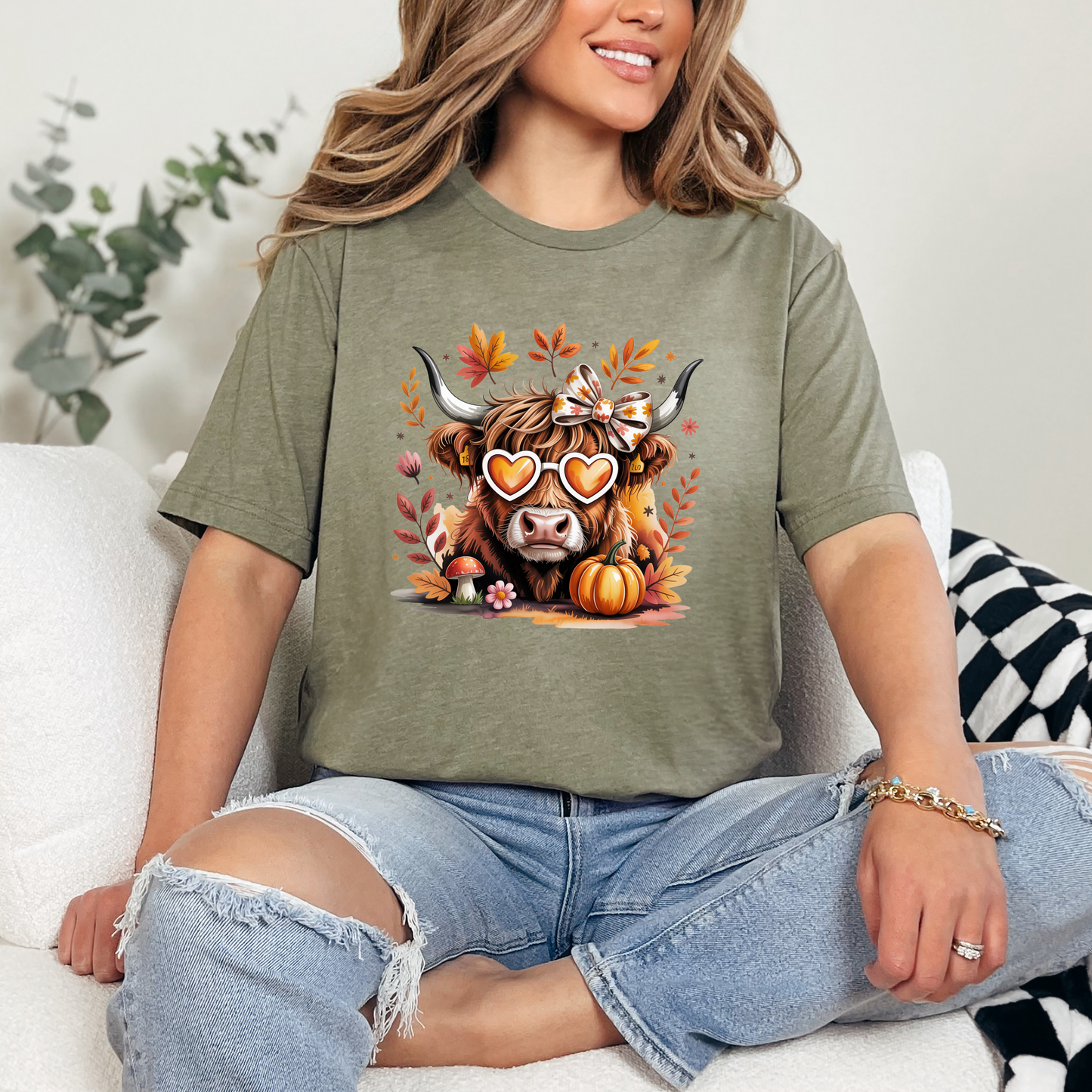 Wholesale Fall Highland Cow Graphic Tee or Sweatshirt - Heather Olive Tee