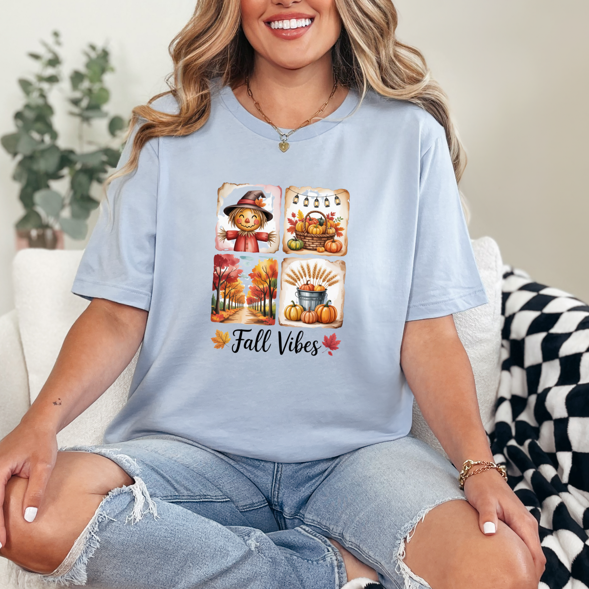 Wholesale Square Fall Vibes Graphic Tee - Baby Blue Tee