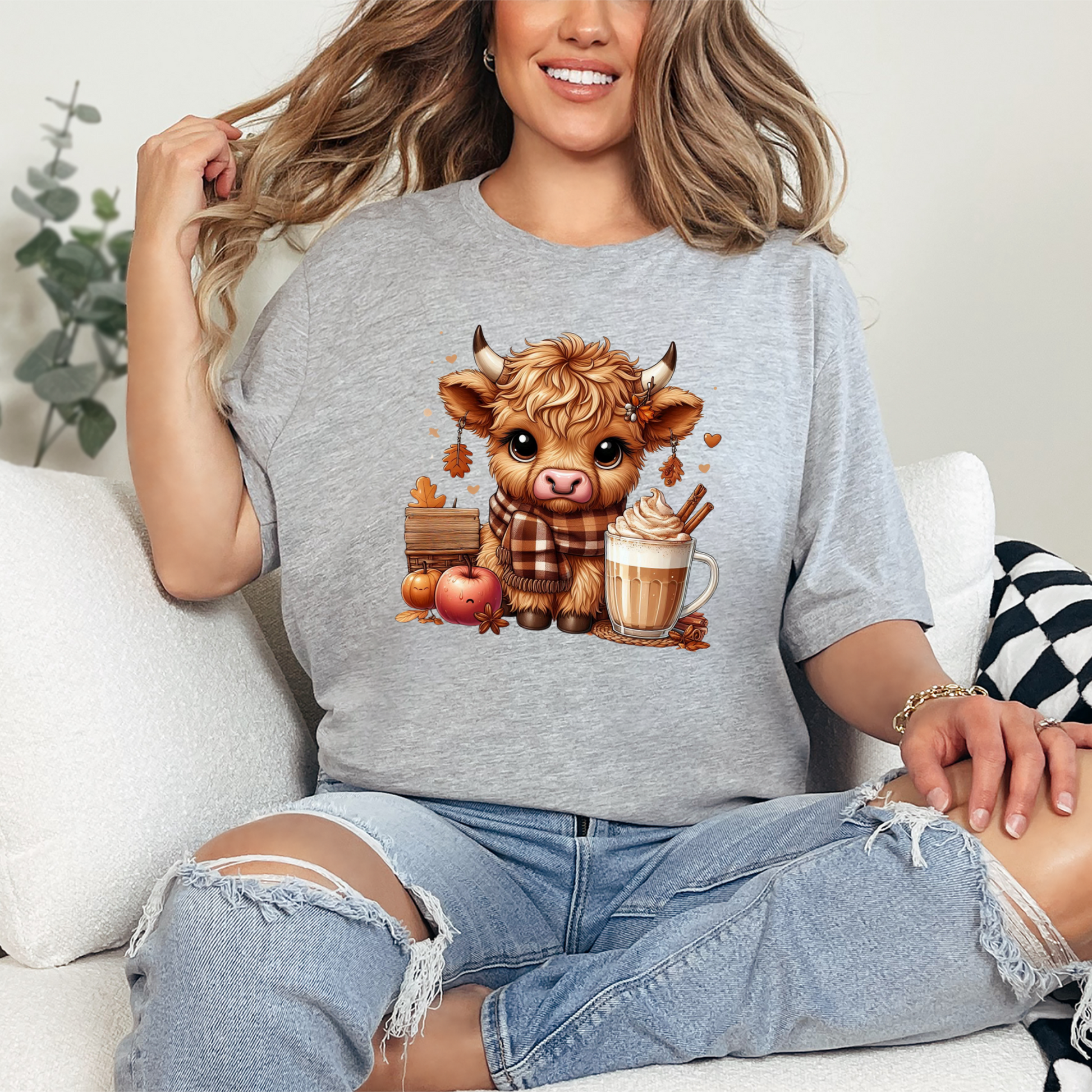 Wholesale Highland Cow Cocoa Graphic Tee - Grey Tee