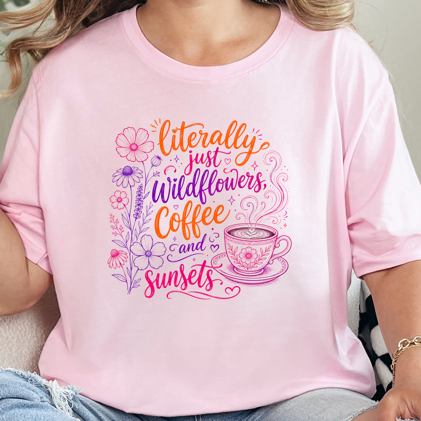 Wholesale Wildflowers Coffee Sunsets Graphic Tee - Soft Pink
