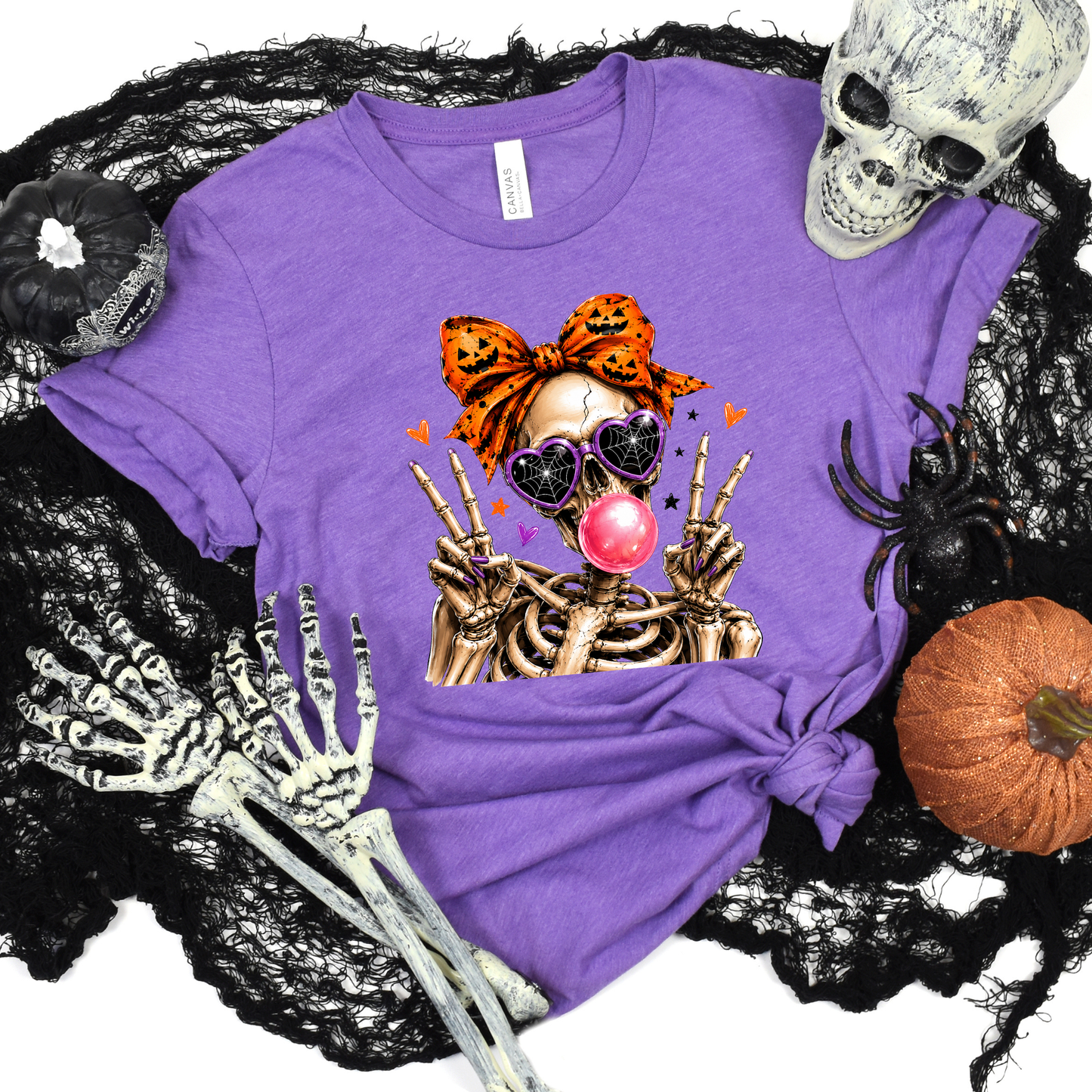Wholesale Cute Skeleton Halloween Graphic Tee - Heather Team Purple