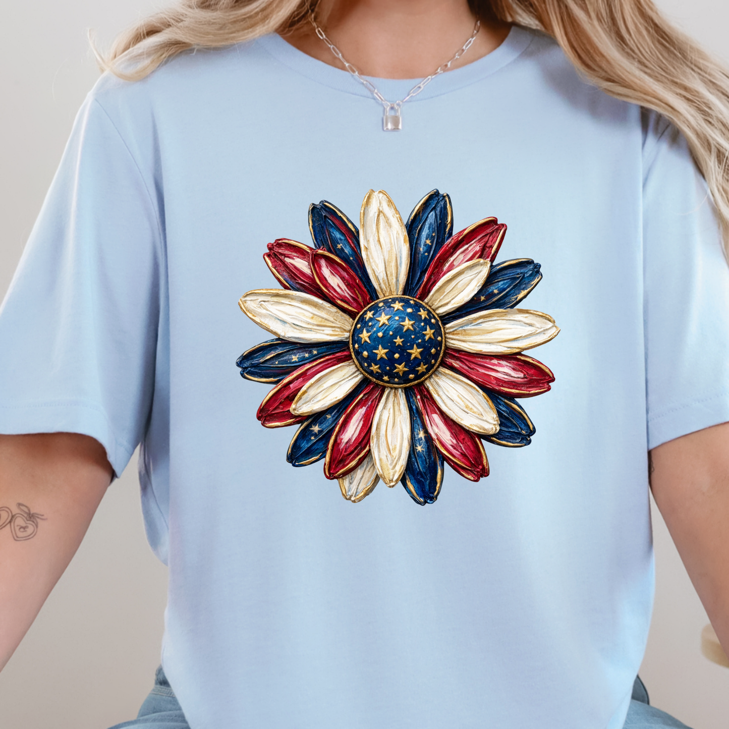 Wholesale Patriotic Daisy Graphic Tee - Baby Blue Tee