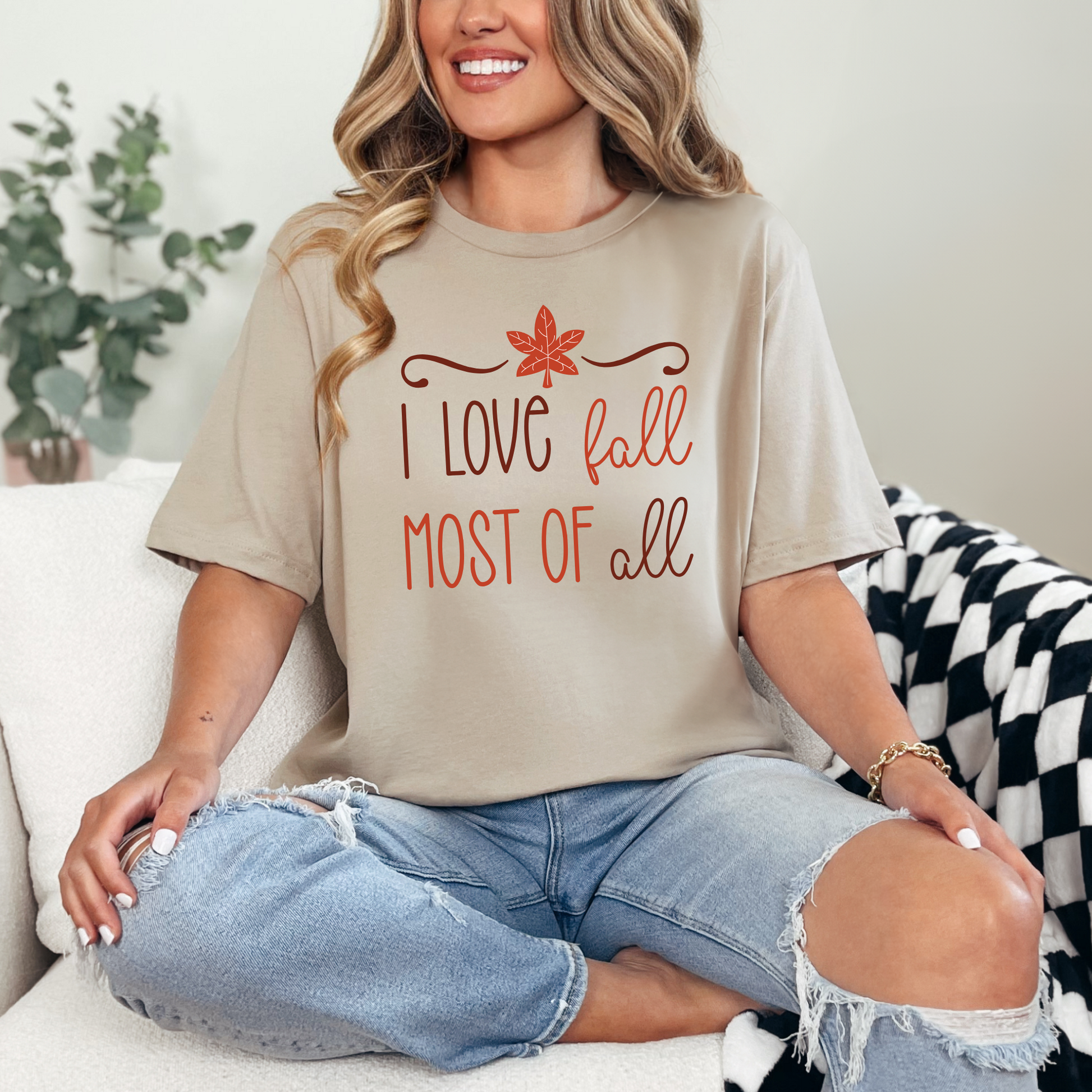 Wholesale I Love Fall Most of All Graphic Tee or Sweatshirt - Tan Tee
