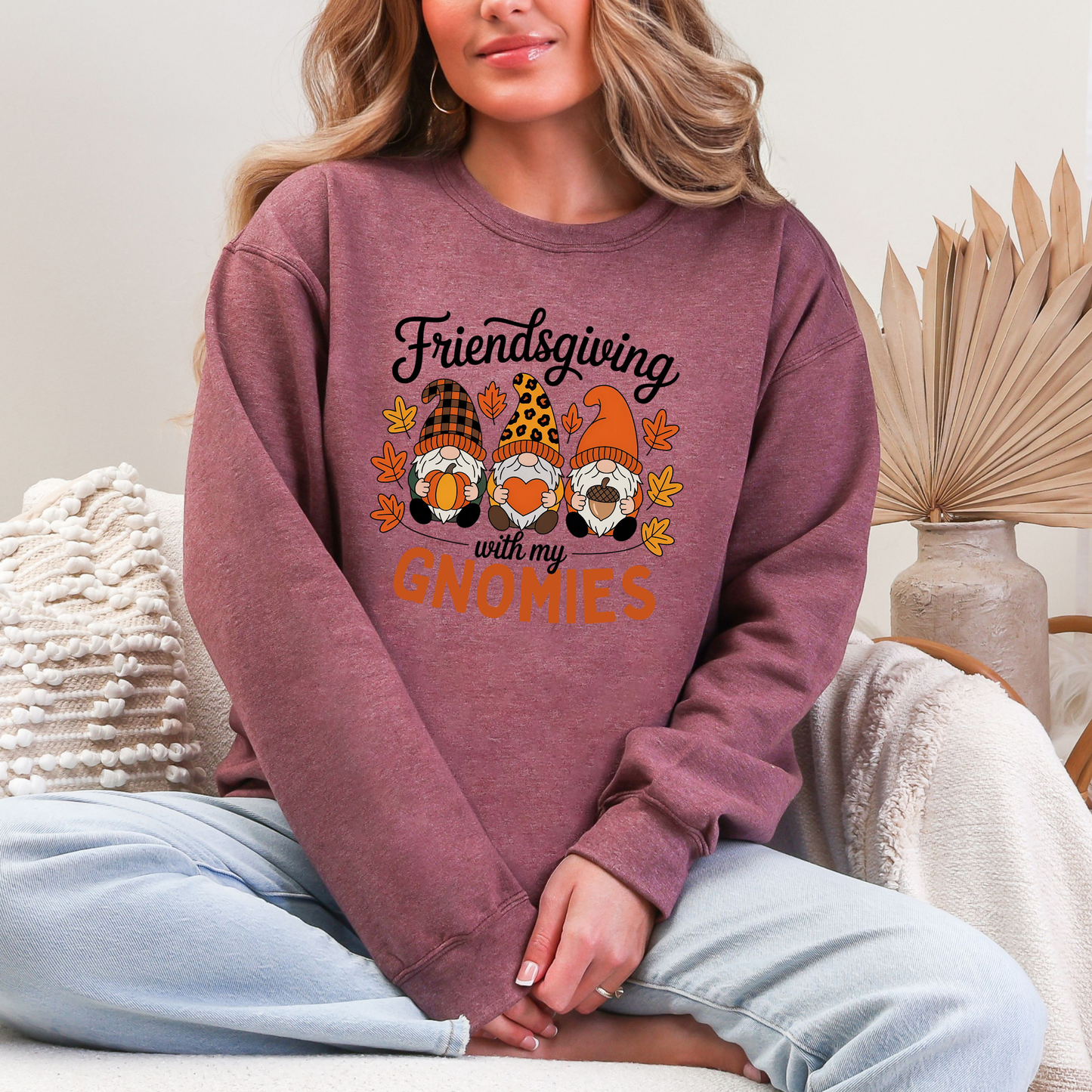 Wholesale Friendsgiving With My Gnomies Sweatshirt - Heather Dark Maroon Sweatshirt