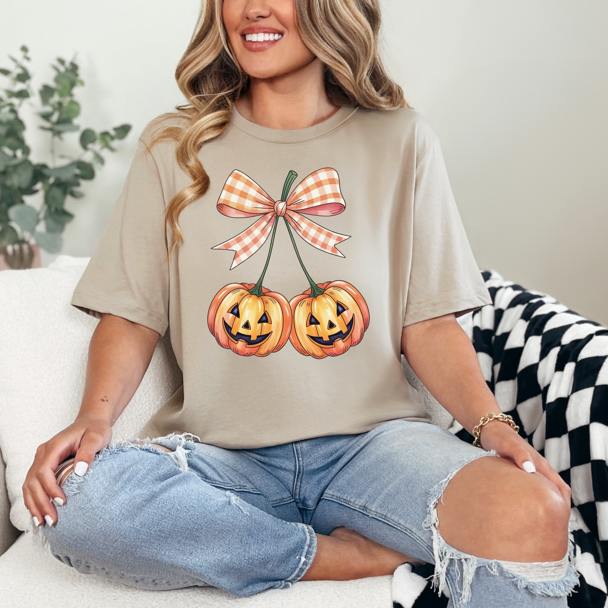 Wholesale Pumpkin Cherry Graphic Tee - Tan Tee