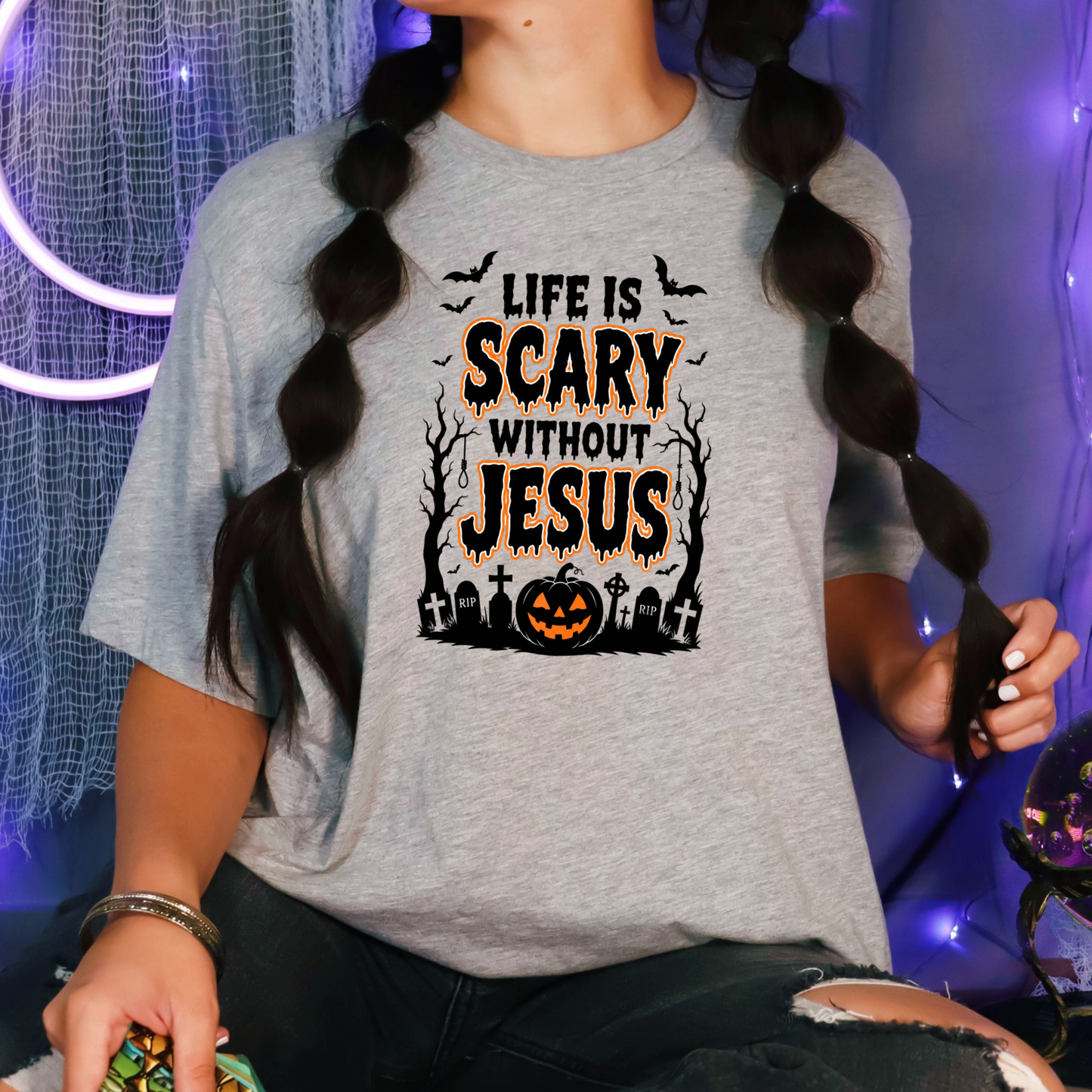Wholesale Life Is Scary without Jesus Graphic Tee - Grey