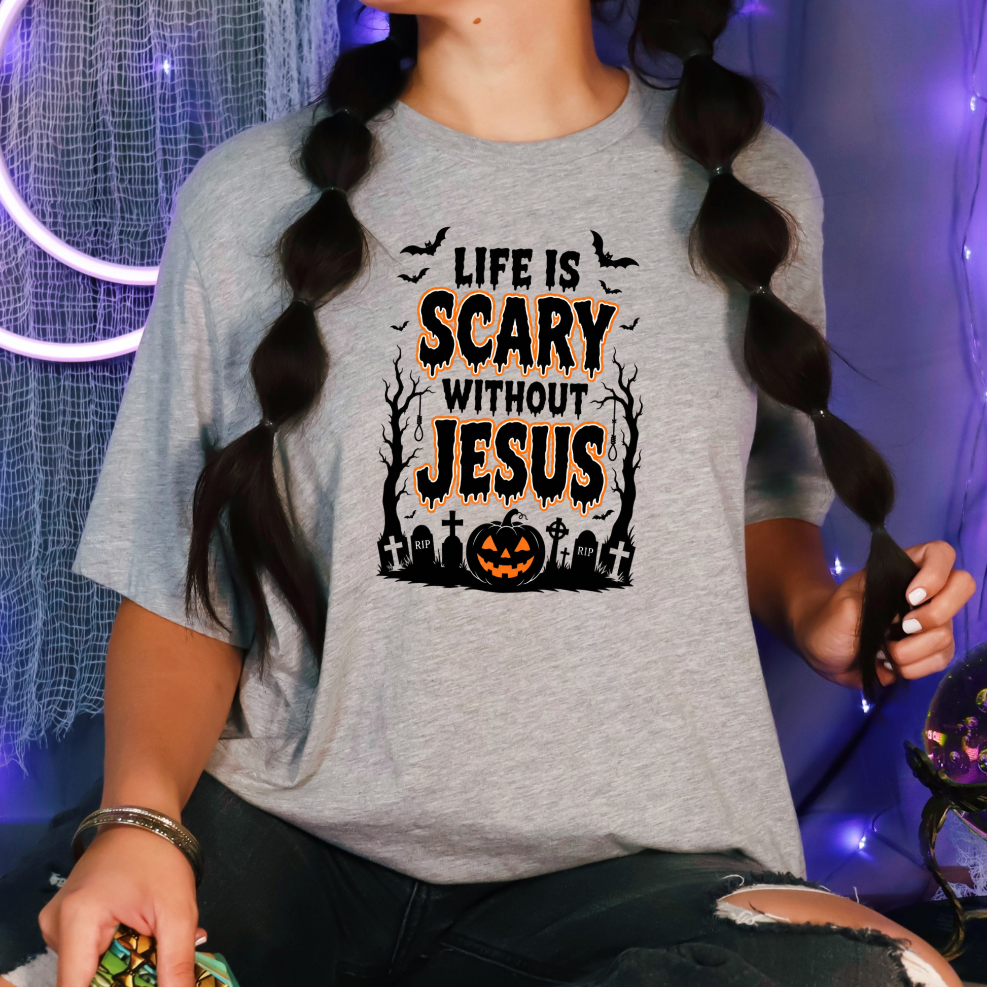 Wholesale Life Is Scary without Jesus Graphic Tee - Grey