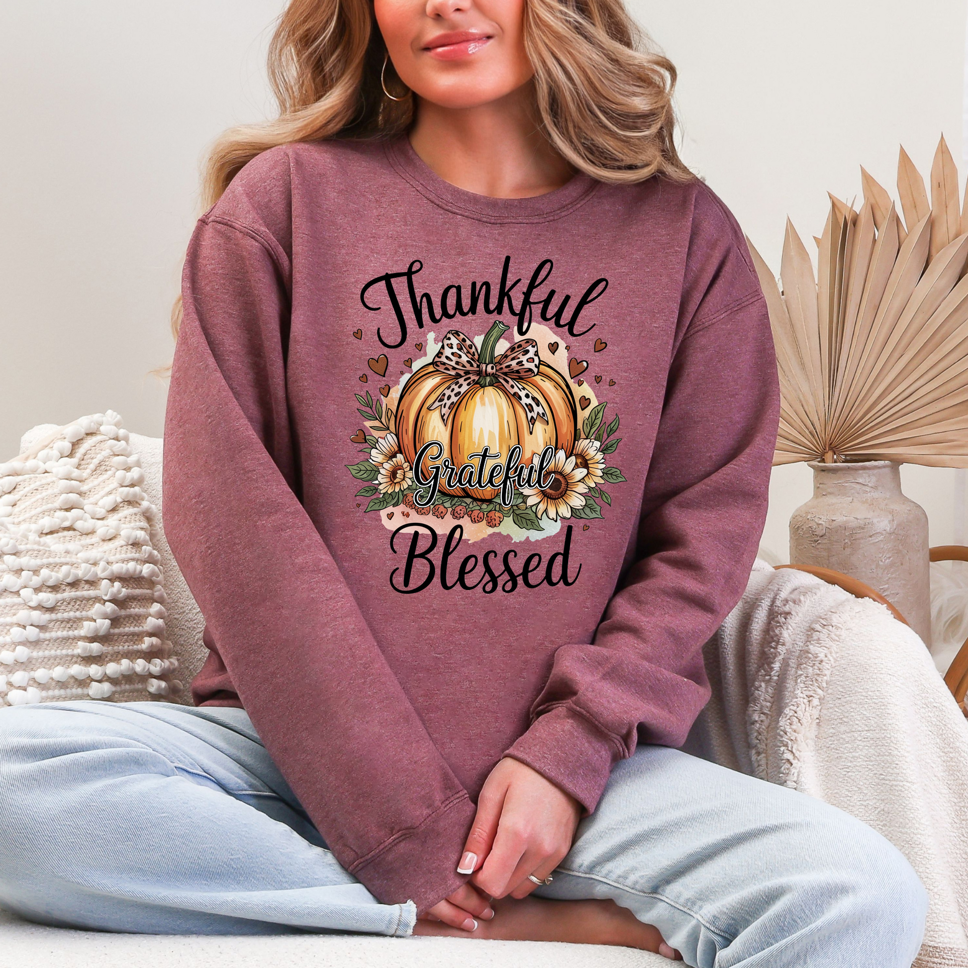 Wholesale Thankful Grateful Blessed Pumpkin Sweatshirt - Heather Dark Maroon Sweatshirt