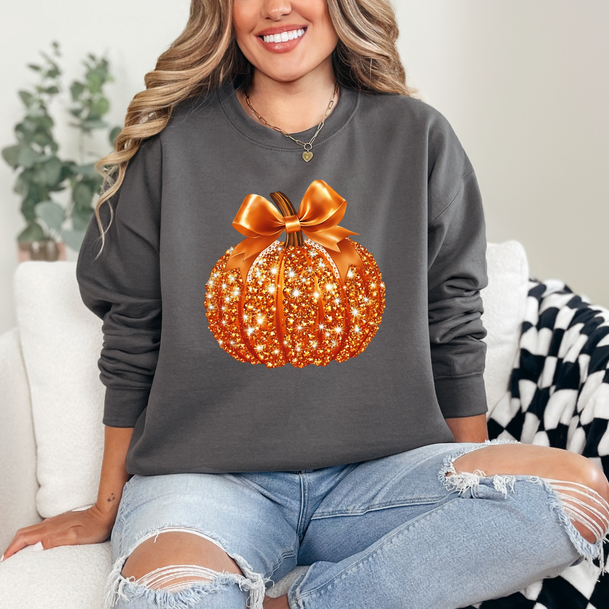 Wholesale Disco Glitter Pumpkin Sweatshirt - Charcoal Sweatshirt