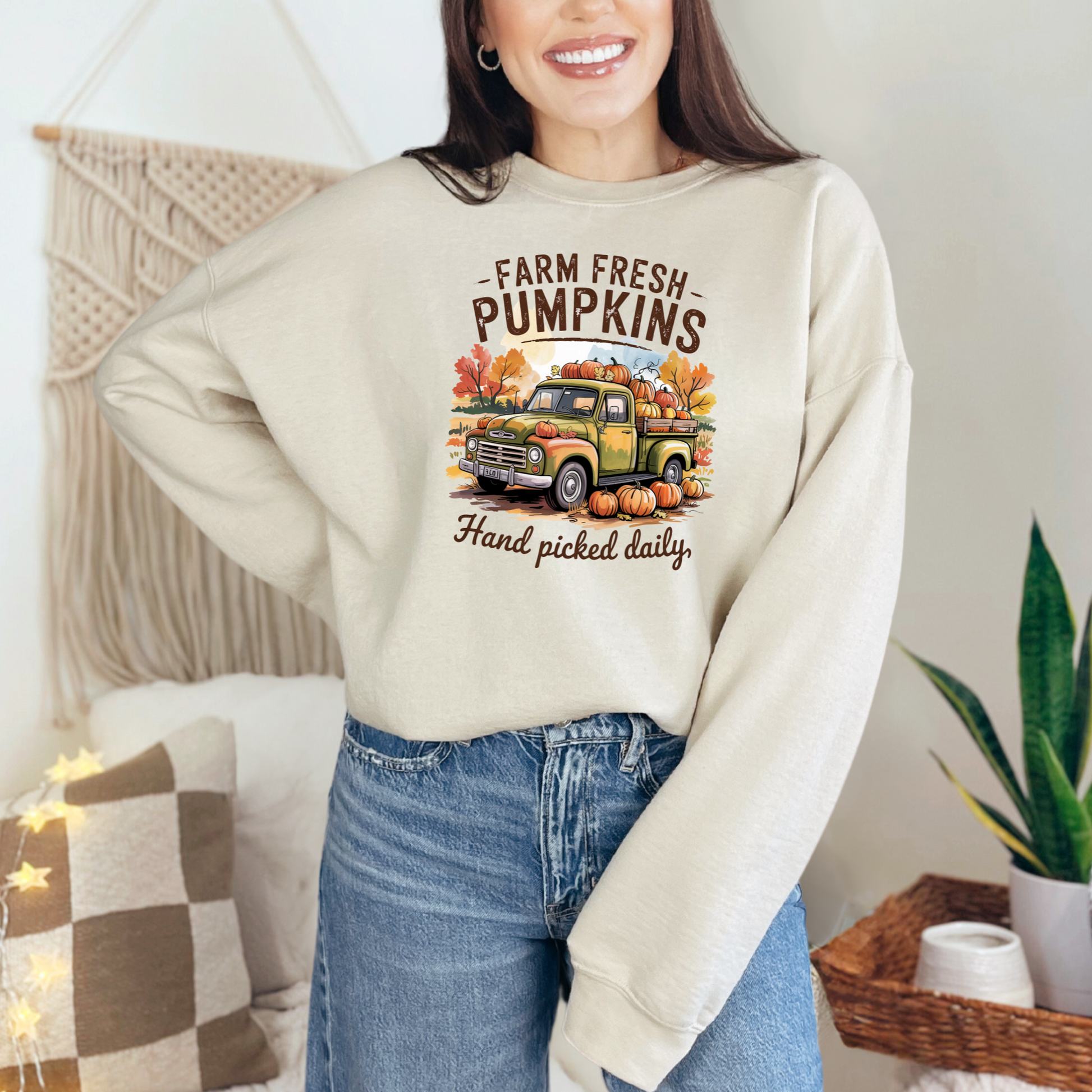 Wholesale Farm Fresh Pumpkins - Green Sweatshirt - Sand Sweatshirt