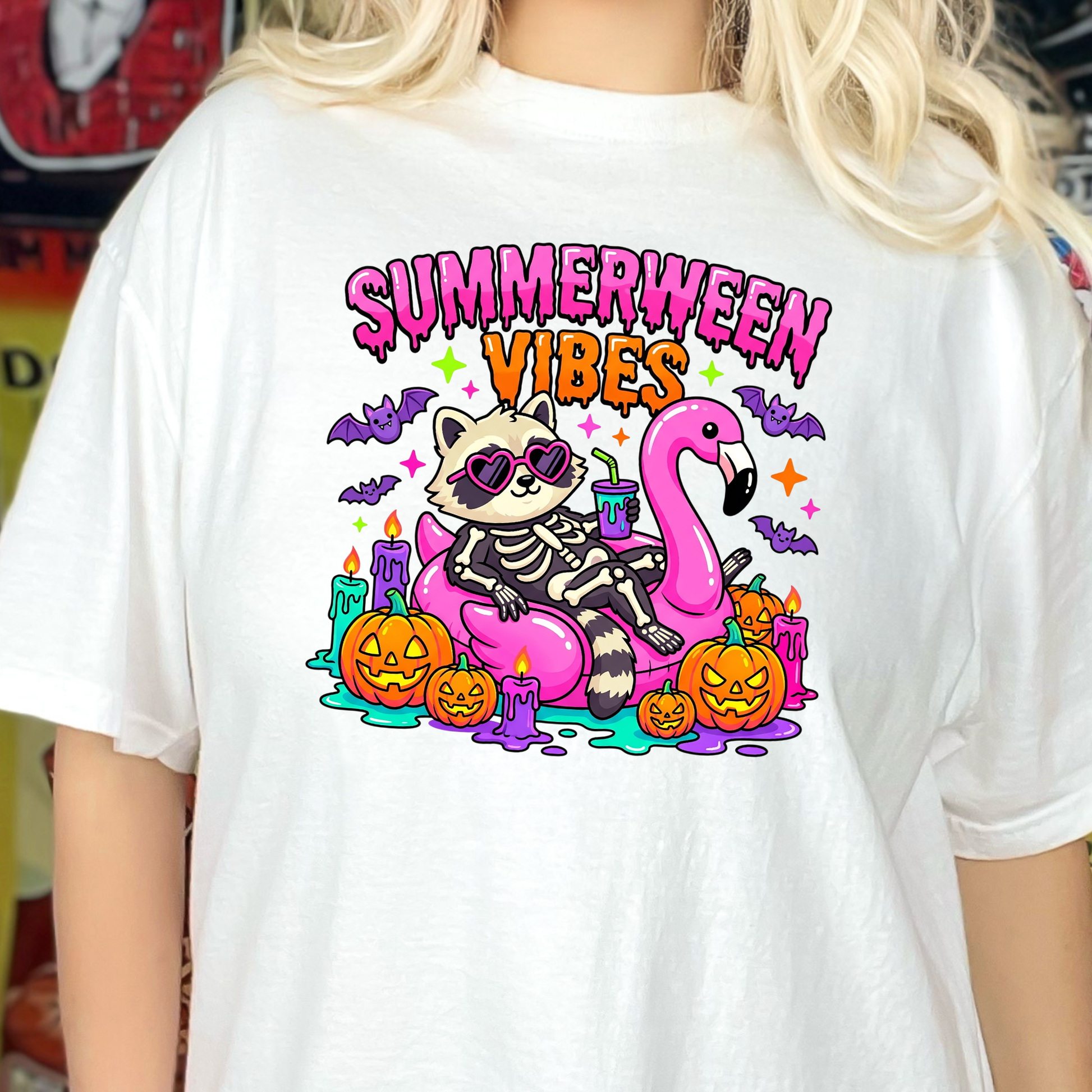 Wholesale Summerween Vibes Raccoon Graphic Tee - White