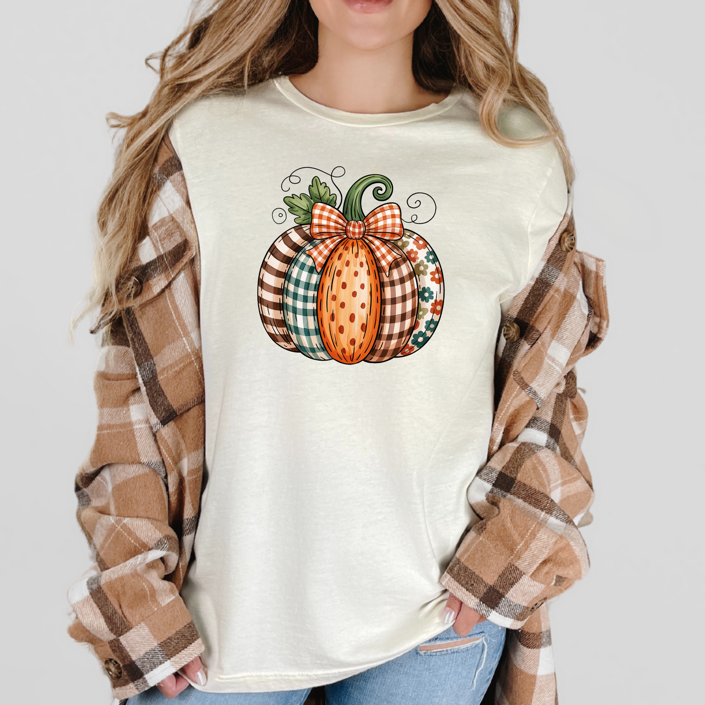 Wholesale Patchwork Pumpkin Graphic Tee - Natural Tee