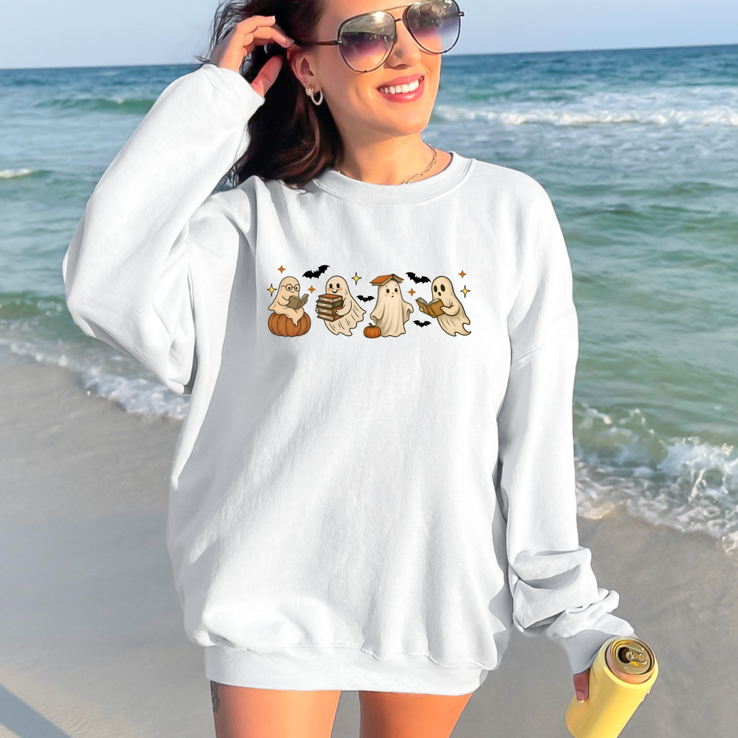 Wholesale Reading Ghosts with Pumpkins Sweatshirt - White Sweatshirt