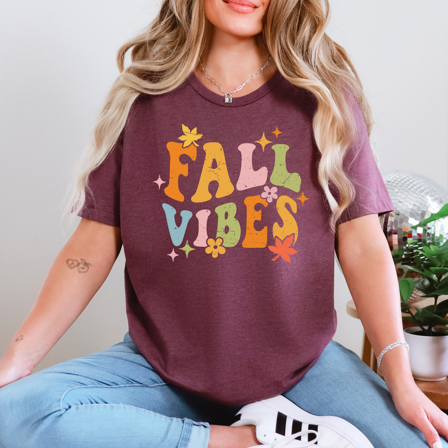 Wholesale Groovy Fall Vibes Graphic Tee - Heather Maroon Tee
