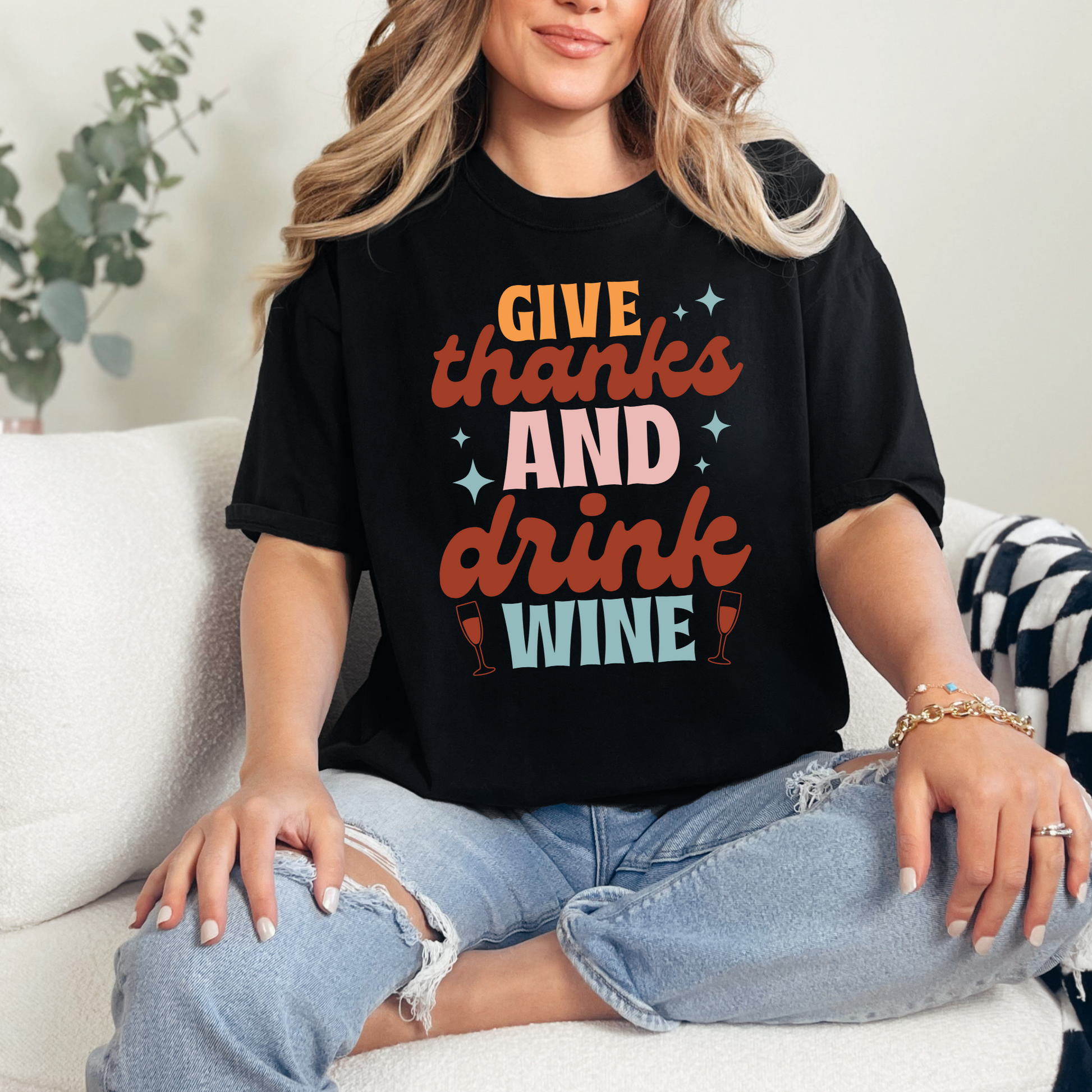Wholesale Give Thanks and Drink Wine Graphic Tee - Black Tee