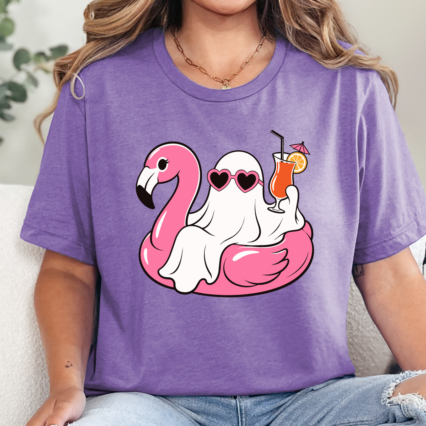 Wholesale Ghost with Pink Flamingo Graphic Tee - Heather Team Purple