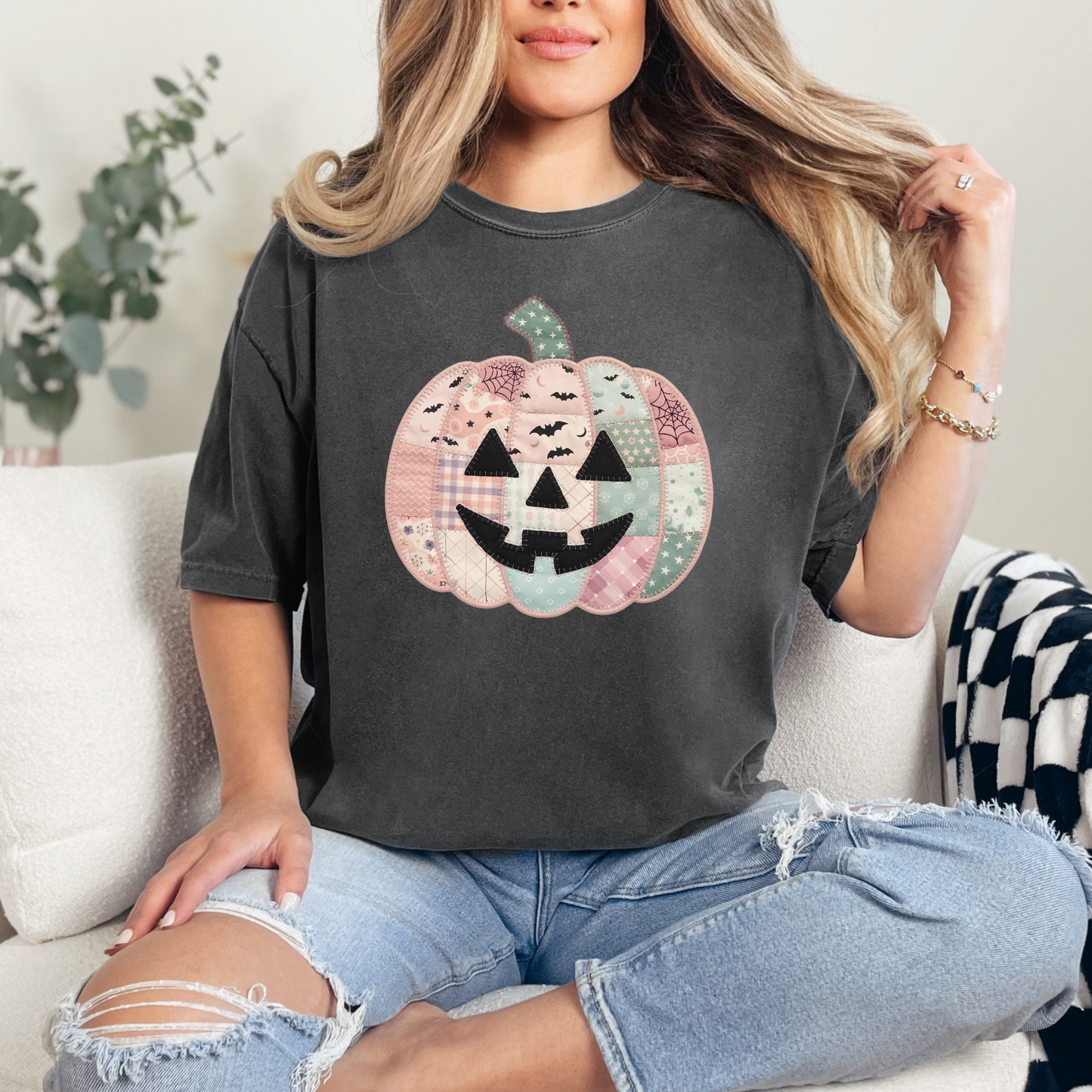 Wholesale Pink Patchwork Pumpkin Graphic Tee - CC Pepper Tee