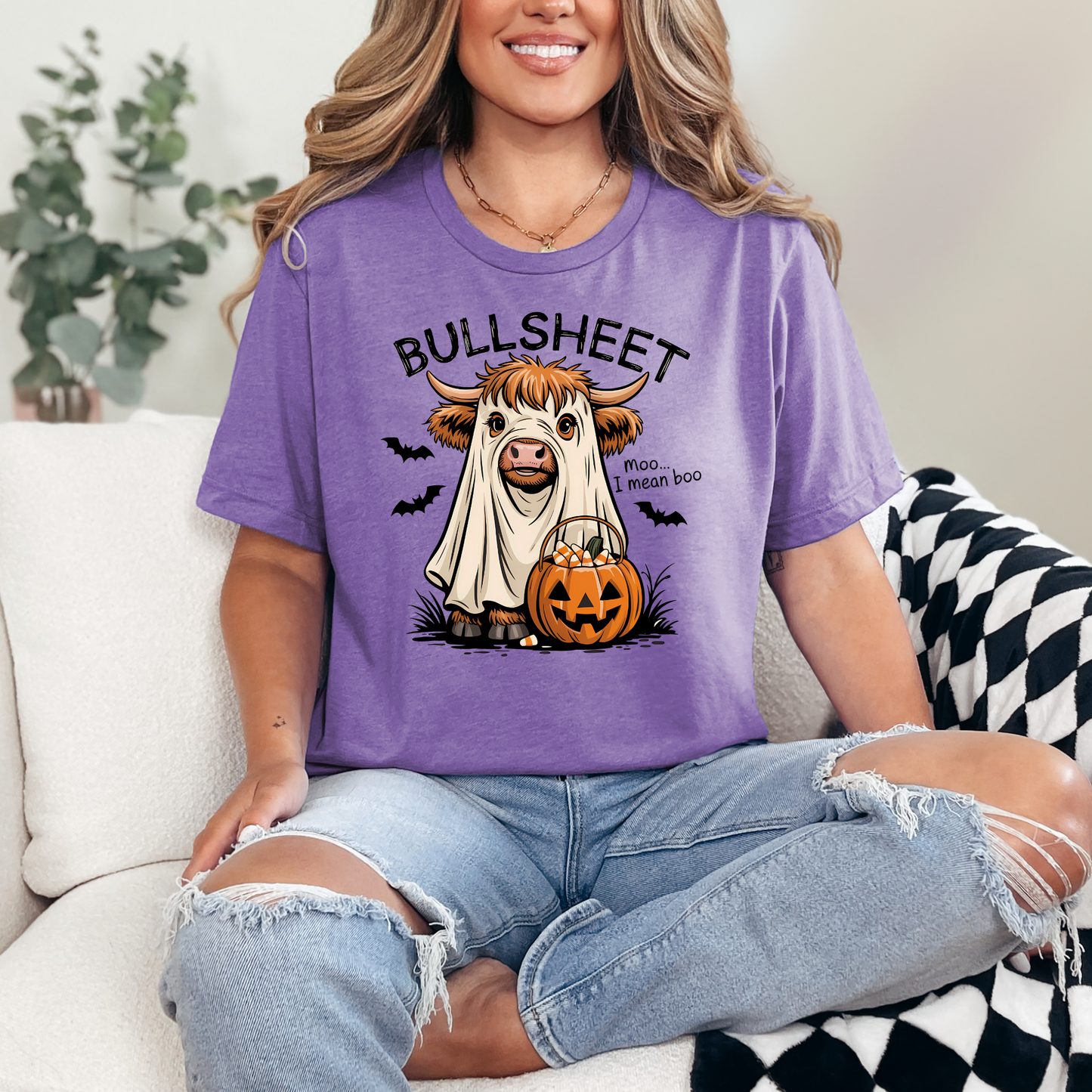 Wholesale Bullsheet and Pumpkin Graphic Tee - Heather Team Purple Tee