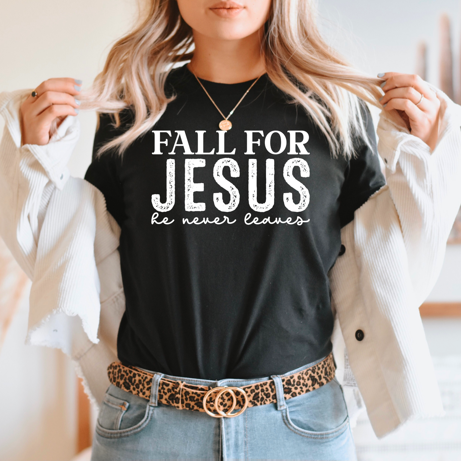 Wholesale Fall for Jesus he never leaves Graphic Tee - Black Tee