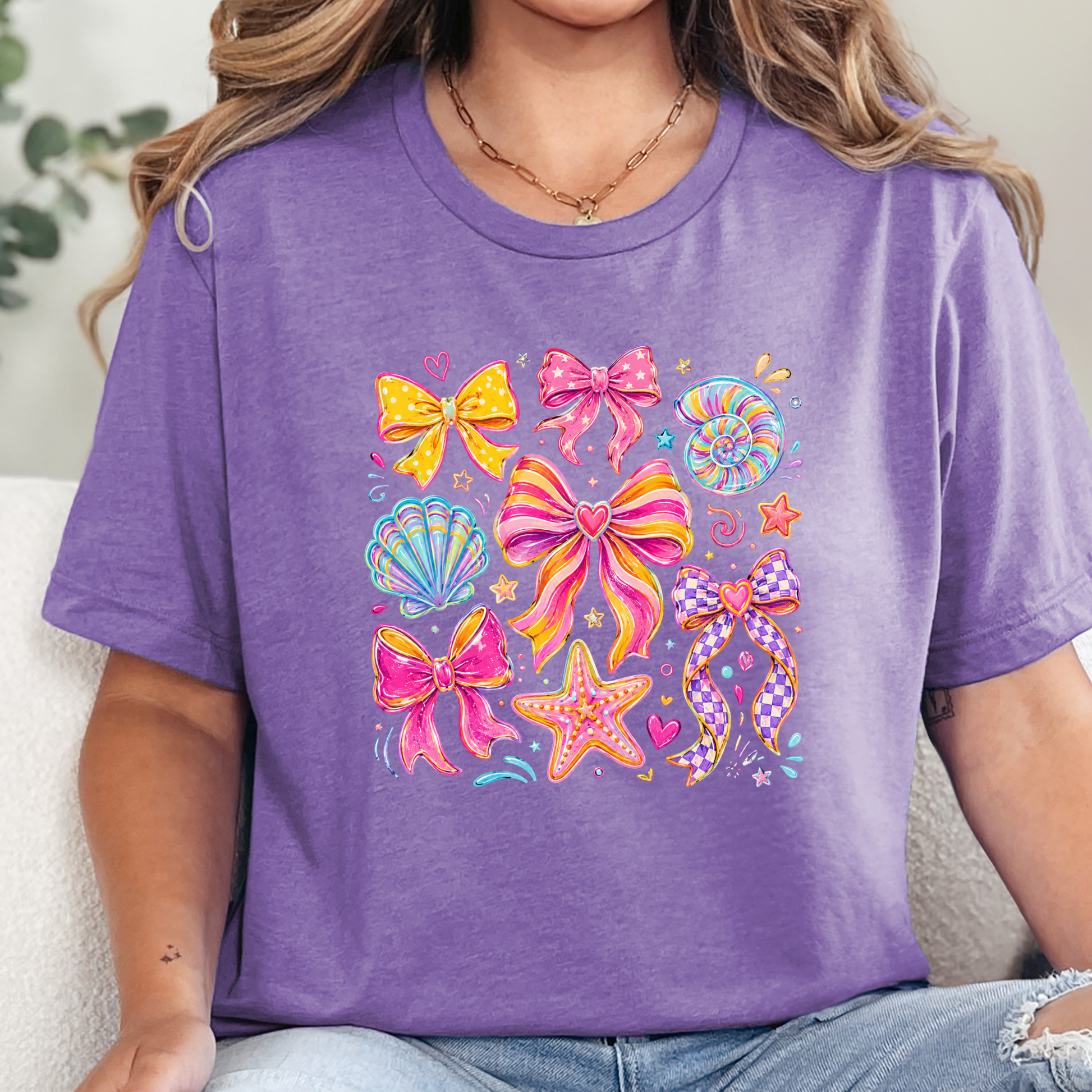 Wholesale Coquette Summer Bow Graphic Tee - Heather Team Purple